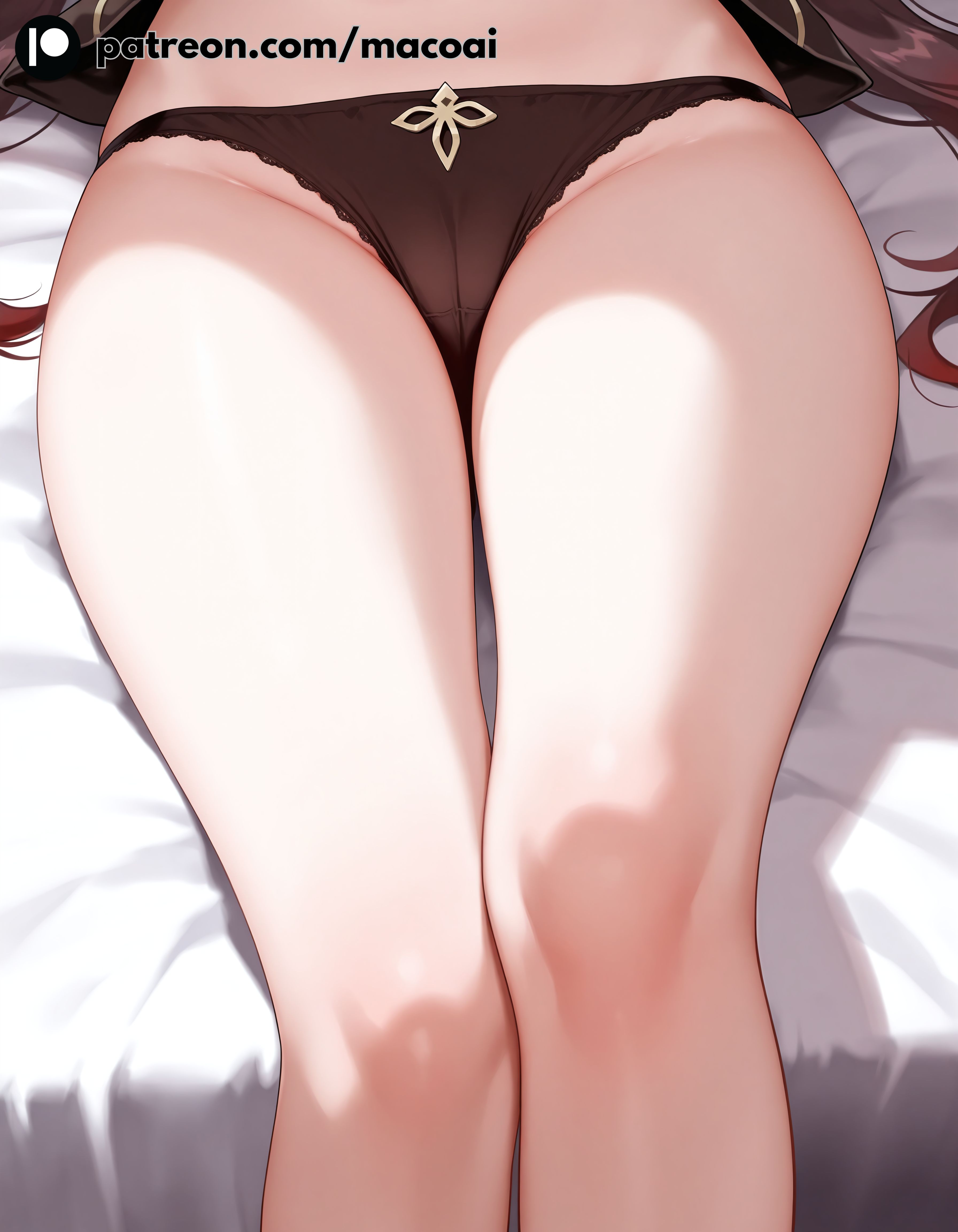 1girls, ai generated, bare legs, bare thighs, bed, bedroom, bottom focus, cute, genshin impact, hips, hu tao (genshin impact), indoors, knees, legs, lying on back, lying on bed, macoai, on bed, panties, smooth skin, solo, solo female, teasing, teasing viewer, thighs, underwear, waist