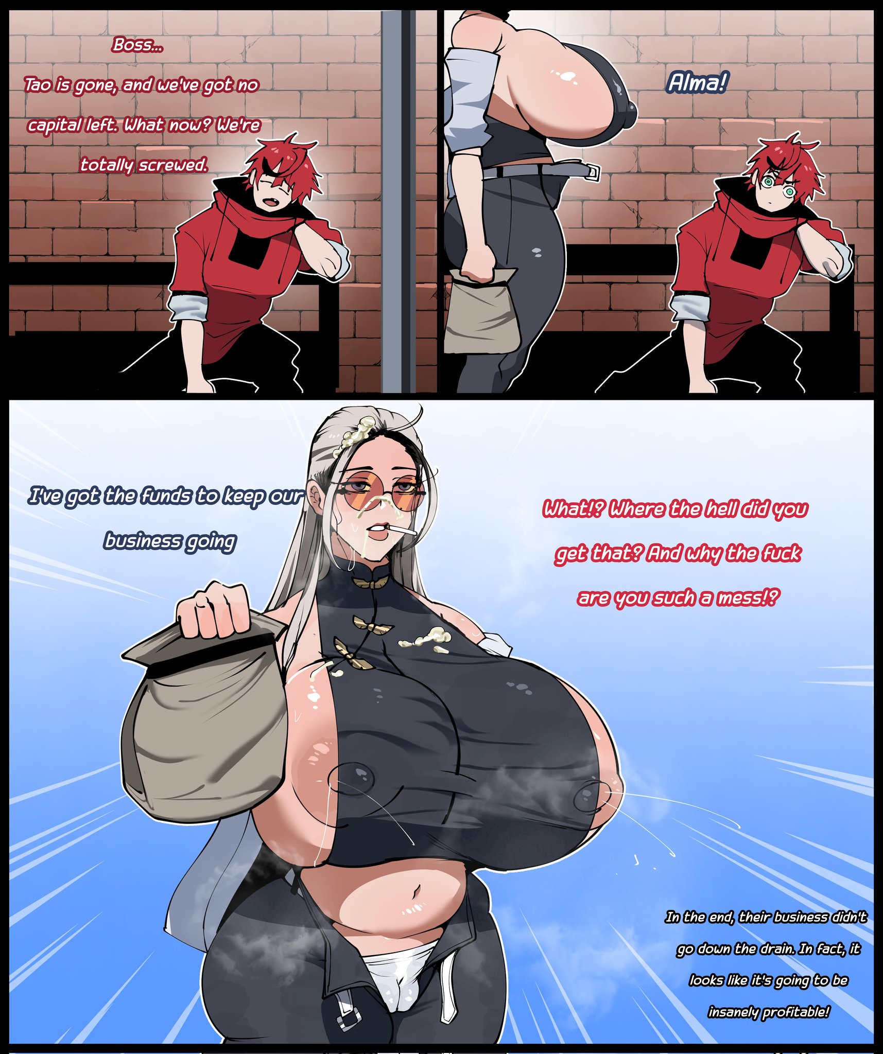 1boy, 1girls, areolae visible through clothing, big breasts, breasts, child bearing hips, cum, cum dripping from mouth, cum on breasts, cum on clothes, cum on face, cum on hair, cum on mouth, dialogue, enormous breasts, excessive cum, female, giant breasts, gigantic breasts, gokurakugai, gokurakugai sanbandori no ken, huge breasts, hyper breasts, massive breasts, money, money bag, nipples visible through clothing, prostitution, sex for money, shinhyunxi, sideboob, sister tao, smoking, smoking cigarette, sweat, sweatdrop, tao saotome, text, unbuckled belt, unbuckled pants, voluptuous, voluptuous female, wide hips