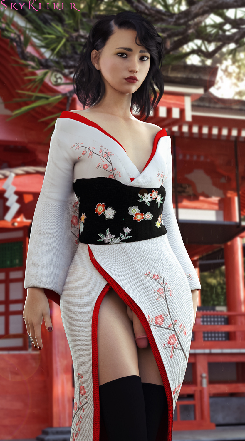 1boy, 3d, alice (skykliker), androgynous, artist name, asian, balls, black hair, femboy, femboy only, feminine male, girly, japanese clothes, kimono, lipstick, makeup, male, male only, no panties, original, original character, painted nails, penis, red lipstick, short hair, skykliker, solo, stockings, testicles, trap
