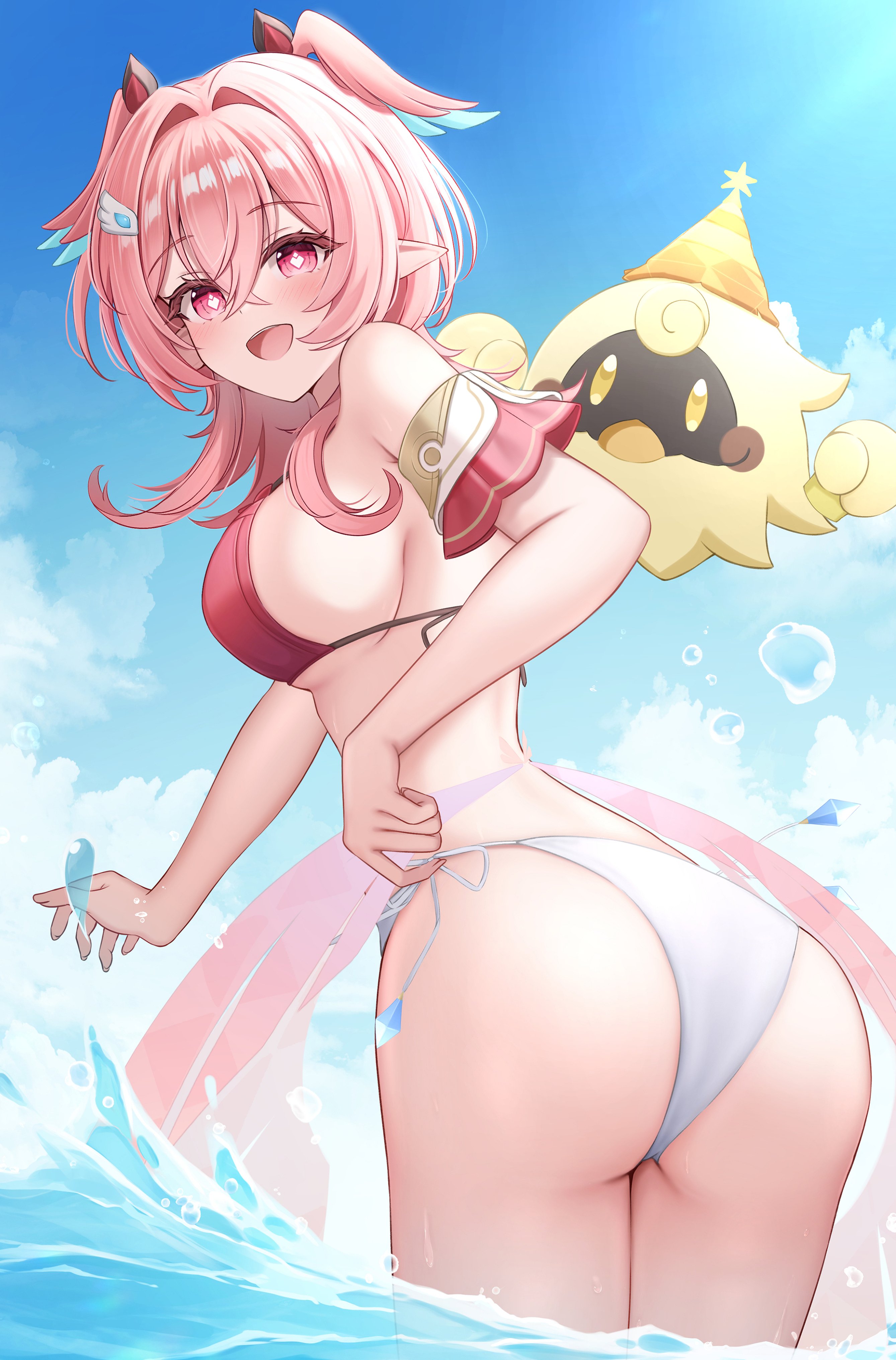 1girls, 2d, 2d (artwork), alternate costume, ass, back, back view, bikini, bikini bottom, bikini top, blush, bra, breasts, clouds, day, female, female focus, female only, genshin impact, high resolution, highres, hoyoverse, light skin, light-skinned female, linnea (genshin impact), looking at viewer, looking back, looking back at viewer, medium breasts, mihoyo technology (shanghai) co. ltd., ocean, outdoors, pink bikini top, pink eyes, pink hair, pointy ears, short hair, slim girl, smiling, smiling at viewer, solo, solo female, solo focus, standing, standing in water, swimsuit, thong, thong bikini, two piece swimsuit, water, white bikini bottom, white thong, wings on head, young, younger female, yukiunag1