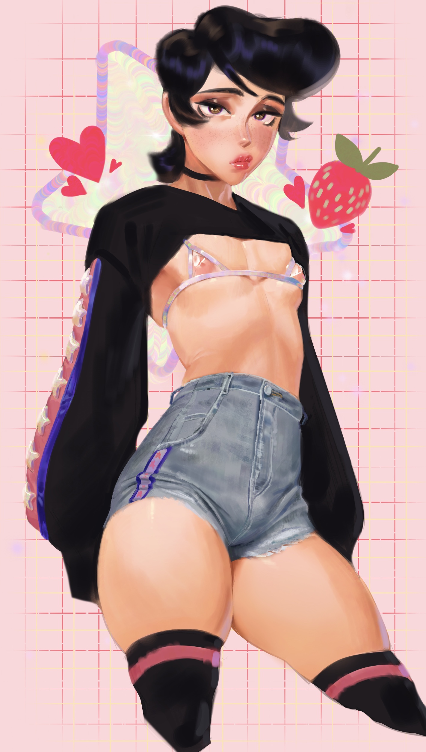 1boy, 2020, black hair, black stockings, black thighhighs, blush, bra, brown eyes, bulge, collar, crop top, crossdressing, diamond is unbreakable, digital media (artwork), eyebrows, eyeliner, eyeshadow, femboy, freckles, gay, gay male, girly, half-closed eyes, heart, hearts, high resolution, highres, hips, human, human only, jojo's bizarre adventure, josuke higashikata, lacryboy, legwear, lingerie, lips, lipstick, long sleeves, looking at viewer, makeup, male, male only, mascara, melanpsycholia, nipple bulge, nipples, pattern background, pink background, pompadour, red lips, red lipstick, shiny, shiny skin, short jeans, short shorts, sissy, sleeves, solo, standing, stockings, strawberry, thick thighs, thigh gap, thighhighs, thighs, topwear, trap, wide hips, yaoi
