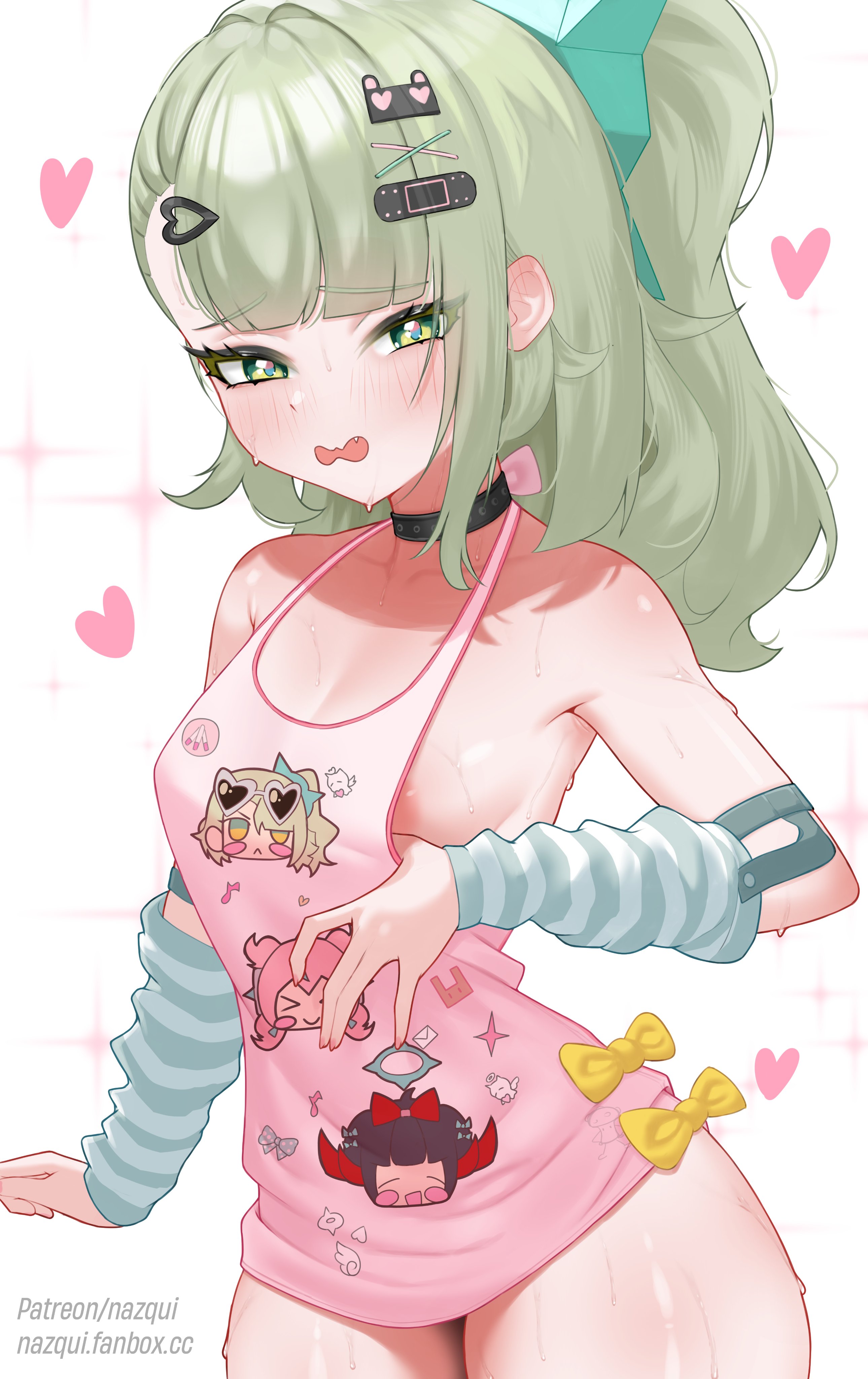 1girl, aerolae, alternative costume, angels of delusion, aria (zenless zone zero), big ass, blushing, female, female focus, female only, green eyes, green hair, hairclip, hoyoverse, kfc, light skin, light-skinned female, mihoyo, mouth open, nangong yu (zenless zone zero), nazquifgv, official alternate costume, pink tank top, showing breasts, simple background, small breasts, sunna (delusions in business) (zenless zone zero), sunna (zenless zone zero), thick thighs, zenless zone zero
