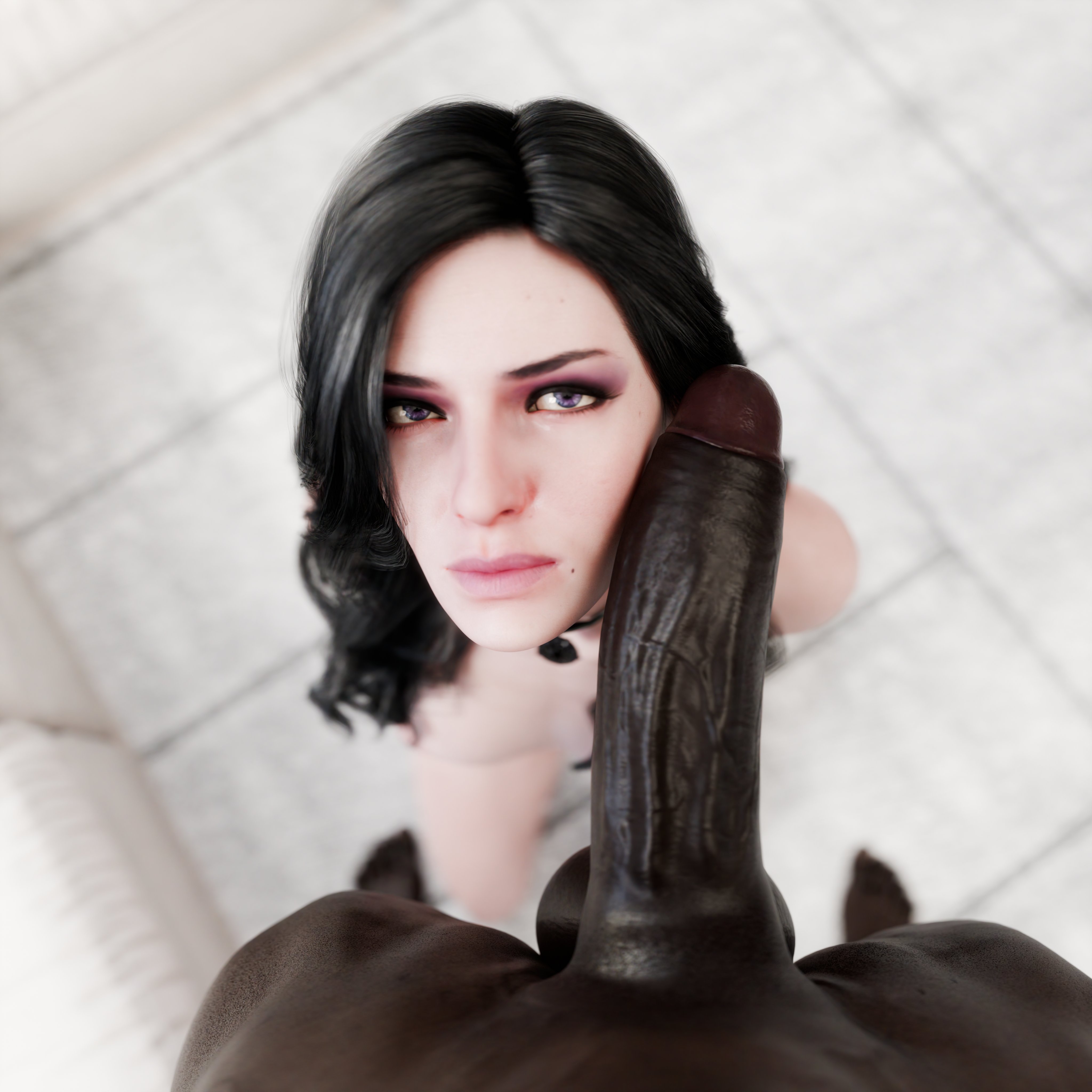 1boy, 1girls, 3d, beauty mark, big penis, black hair, cd projekt red, cock, cock worship, completely nude, dark skin, dark-skinned male, derpderp, duo, huge cock, interracial, large penis, light skin, light-skinned female, looking at partner, looking at viewer, nude, penis on face, penis worship, pov, pov eye contact, the witcher (series), the witcher 3: wild hunt, violet eyes, worship, yennefer