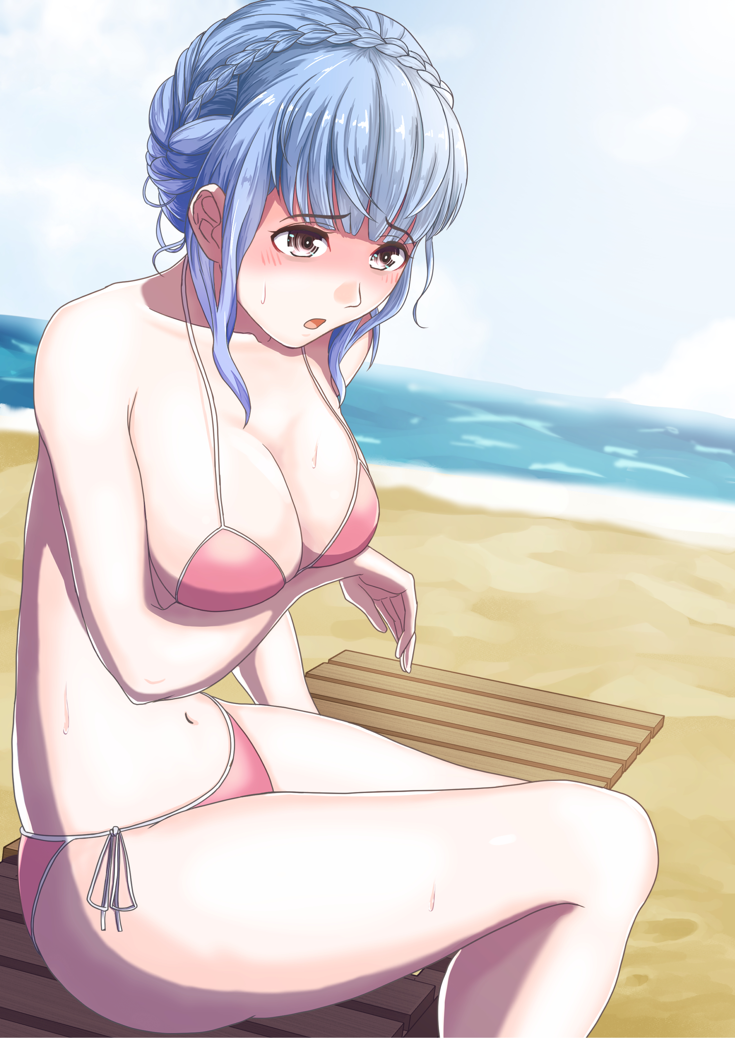 1girls, absurd res, artist request, beach, bikini, blue hair, blush, breasts, embarrassed, female, fire emblem, fire emblem: three houses, grey eyes, large breasts, light blue hair, marianne von edmund, short hair, solo, solo female, solo focus, tied hair