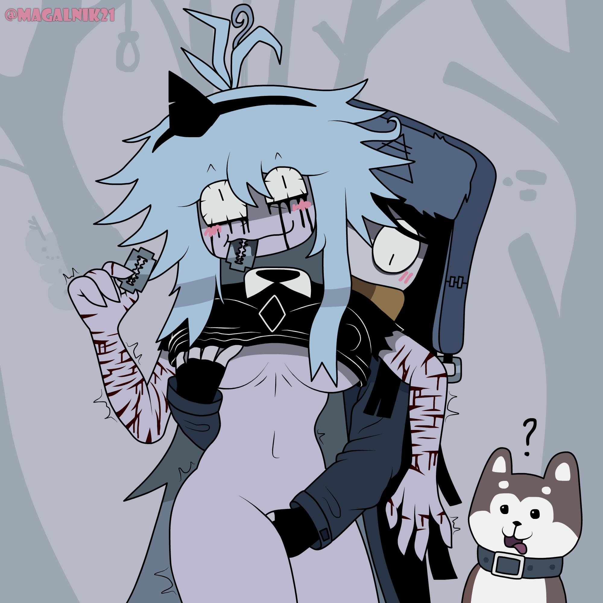 2girls, aiden (kaaatie), behind another, black hair, black shirt, blood, dangerous forest, dog, fingering, forest, fundamental paper education, kaaatie, katie (kaaatie), lesbian, magalnik, messy hair, scars, scars on arm, self harm scars, self upload, shirt, simple background, snow, tagme, white background, white hair, winter, wounds, yuri