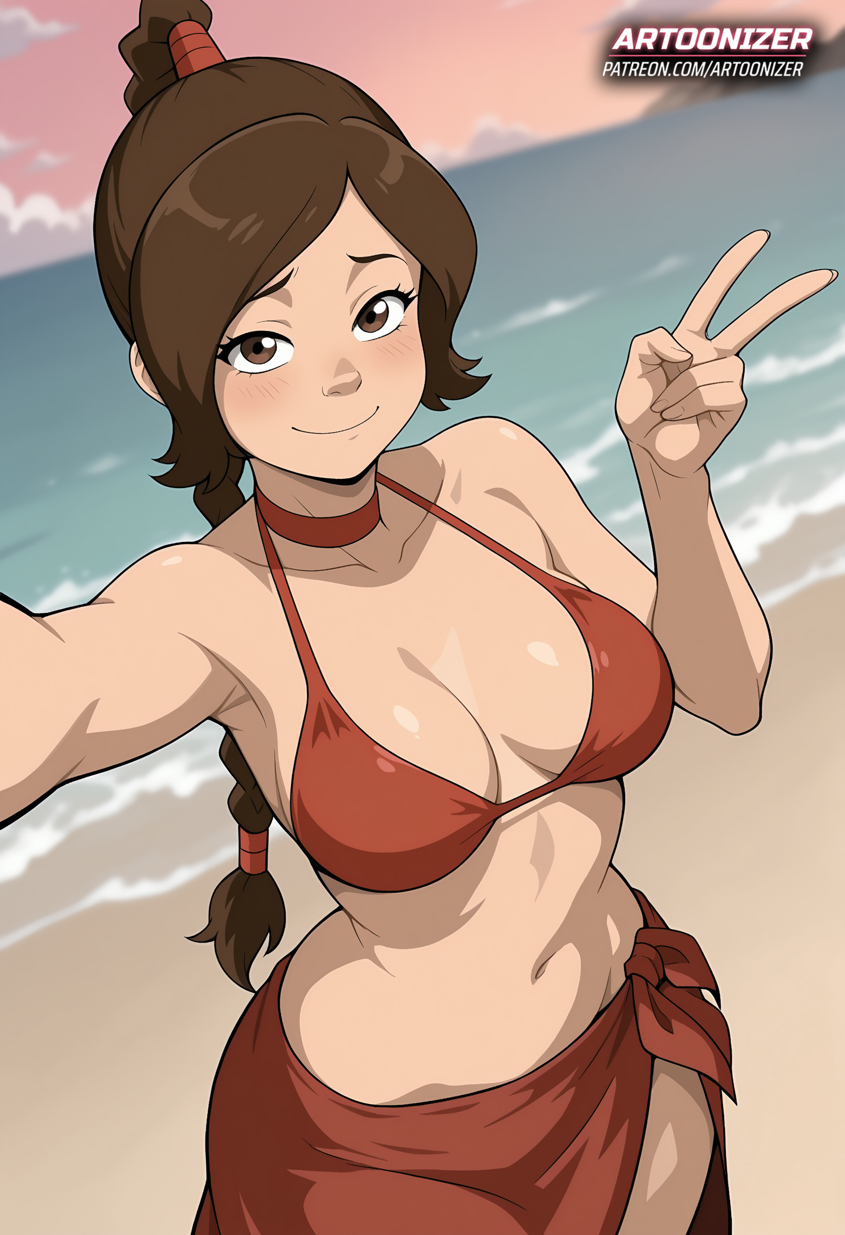 1girls, ai generated, artoonizer, avatar legends, avatar the last airbender, beach, big ass, bikini, blush, braid, braided ponytail, breasts, brown eyes, brown hair, choker, female, female only, light skin, light-skinned female, long braid, long hair, looking at viewer, medium breasts, navel, nickelodeon, nicktoons, nipples visible through clothing, patreon, patreon username, posing, red choker, red swimsuit, sand, selfie, single braid, smile, solo, solo female, solo focus, standing, swimsuit, thick thighs, ty lee, v, v-sign, water