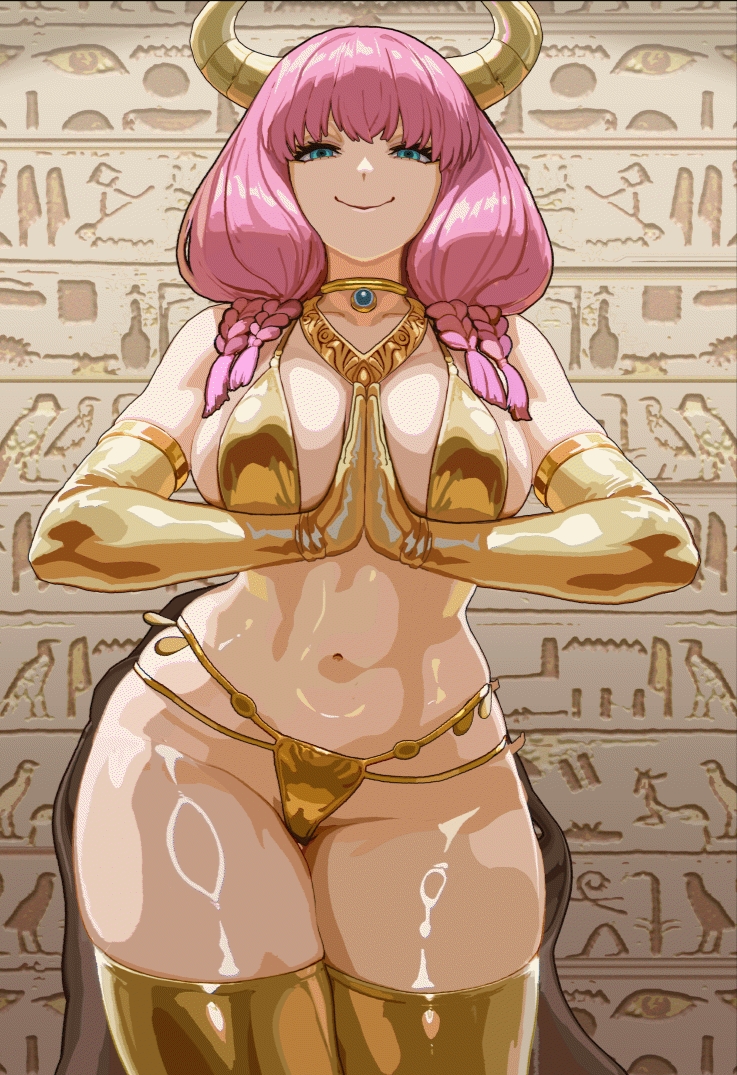 1girl, aura (sousou no frieren), bikini, demon girl, egyptian, frieren beyond journey's end, gold bikini, hieroglyphics, kinohara kossuta, long hair, pink hair, sousou no frieren, tagme