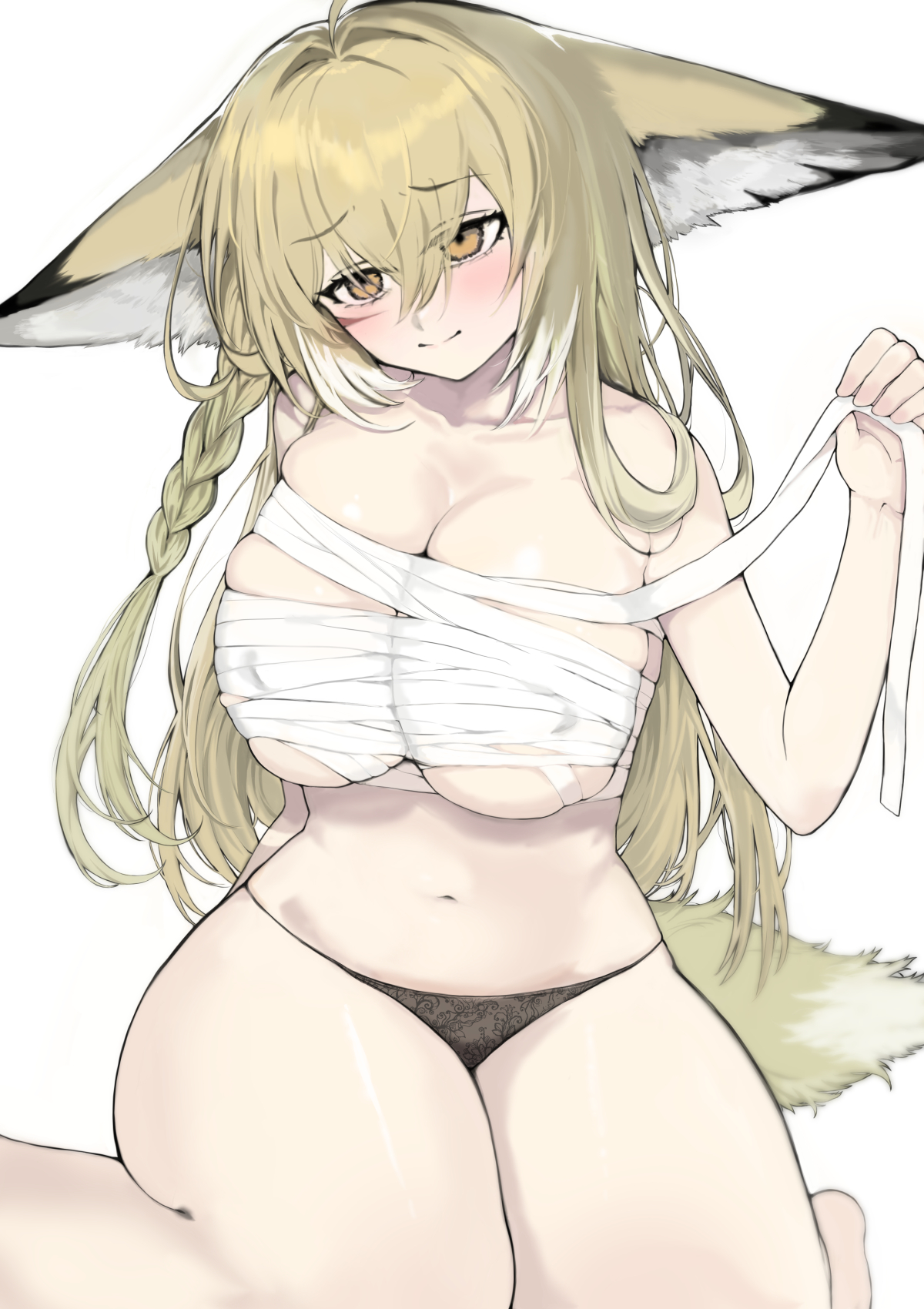 1girl, ahoge, animal ears, arknights, blonde hair, breasts, chest sarashi, commentary request, fox ears, fox girl, fox tail, gradient hair, hair between eyes, highres, large breasts, large ears, long hair, multicolored hair, navel, sarashi, scar, simple background, smile, solo, tail, thick thighs, thighs, vulpisfoglia (arknights), wide hips, yellow eyes, yosik