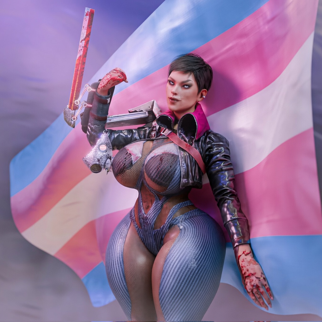 3d, adriana imai, bbl, big ass, big breasts, bodysuit, bubble butt, cropped jacket, dead by daylight, fat ass, glowing eyes, hourglass figure, leather, round ass, short hair, skintight, slim waist, smile, solo, tagme, the skull merchant, thick thighs, transgender flag, translucent, wide hips