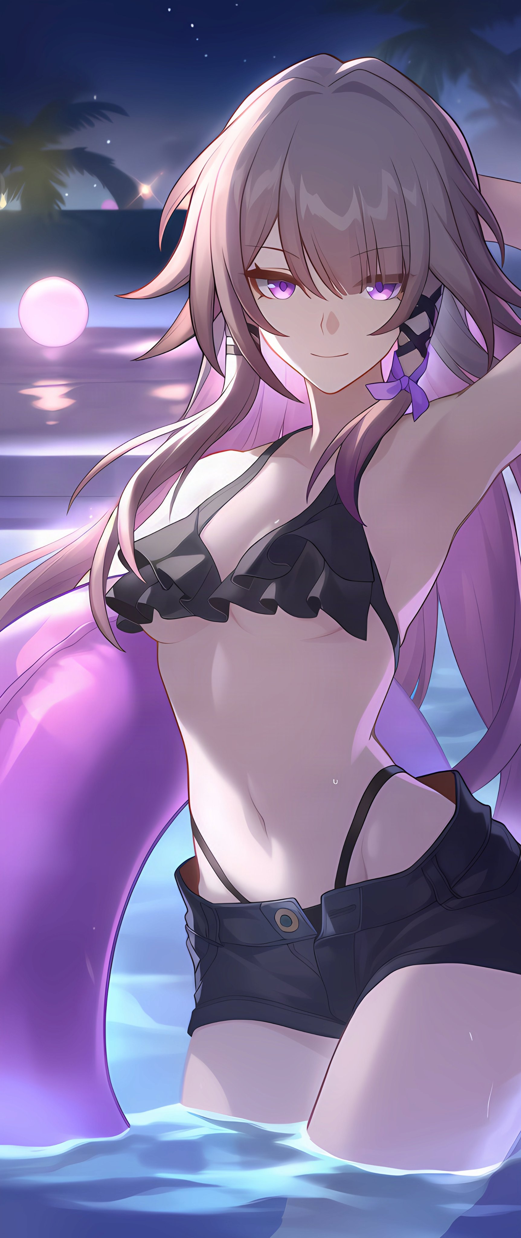 1girls, ai generated, herta (honkai: star rail), honkai: star rail, mihoyo, shorts, small breasts, swimming pool, swimsuit, the herta (honkai: star rail)