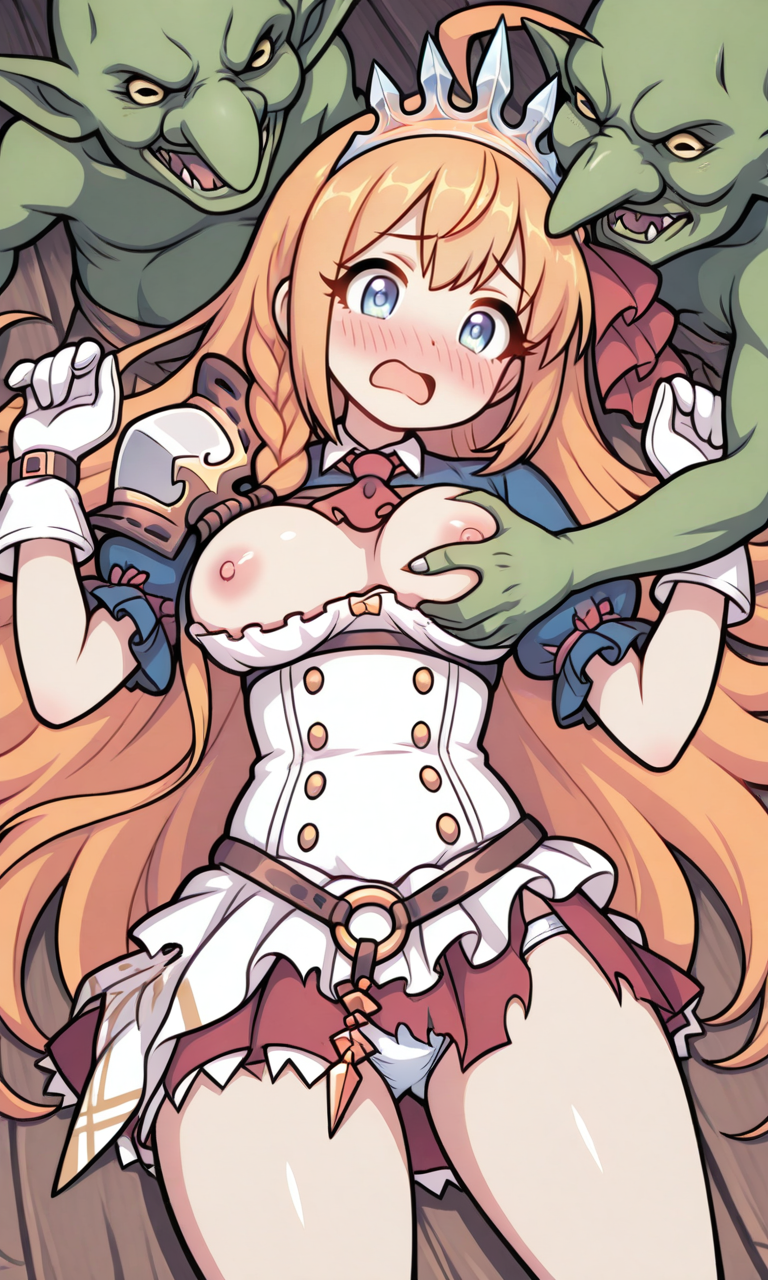 ahoge, ai generated, blushing, breast grab, crossover, defeat rape, defeat sex, defeated, defeated female, defeated heroine, exposed breasts, exposed underwear, female, goblin, goblin male, goblin rape, goblin slayer, imminent gangbang, imminent gangrape, imminent rape, interspecies domination, interspecies rape, lying down, lying on back, monster rape, multiple monsters, panties showing, pecorine, pecorine (princess connect!), princess connect!, princess connect! re:dive, rape, small dom big sub, torn clothes, torn clothing