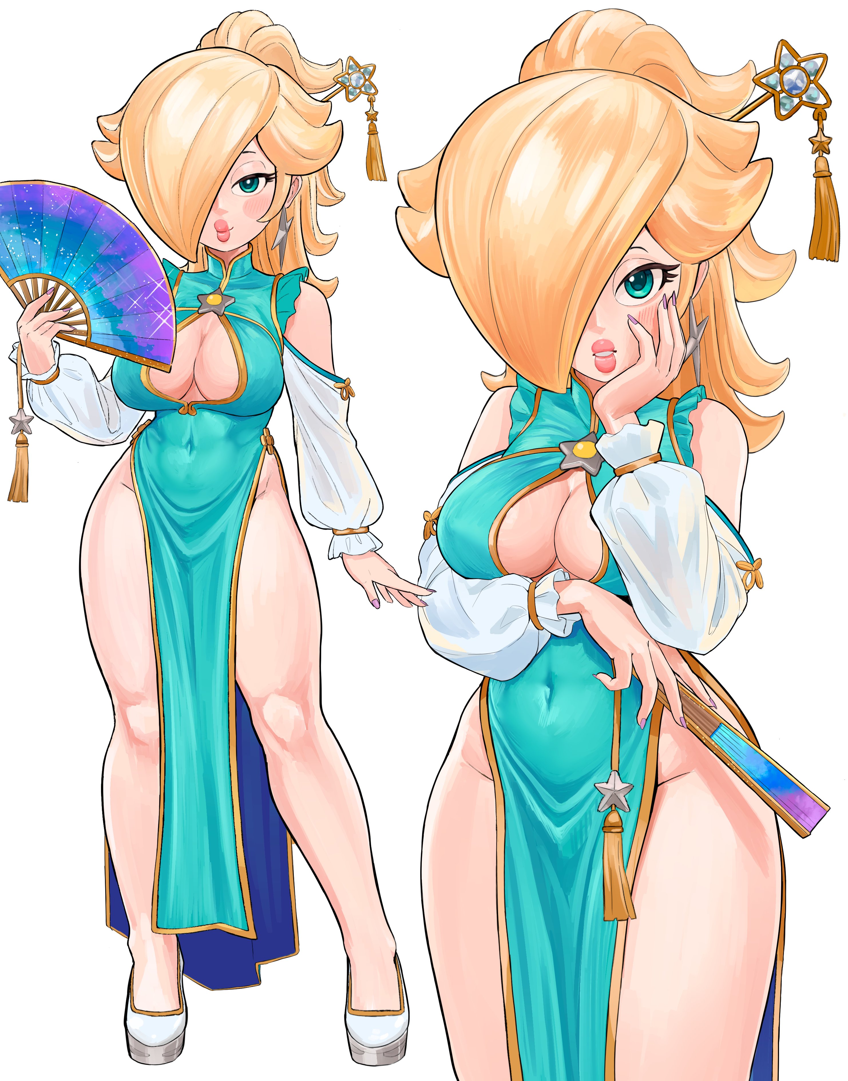 1girls, breasts, chinese dress, cleavage, female, female focus, female only, large breasts, light skin, light-skinned female, mario (series), mineru128127, open clothes, princess rosalina, solo, solo focus, thick thighs, thighs, wide hips