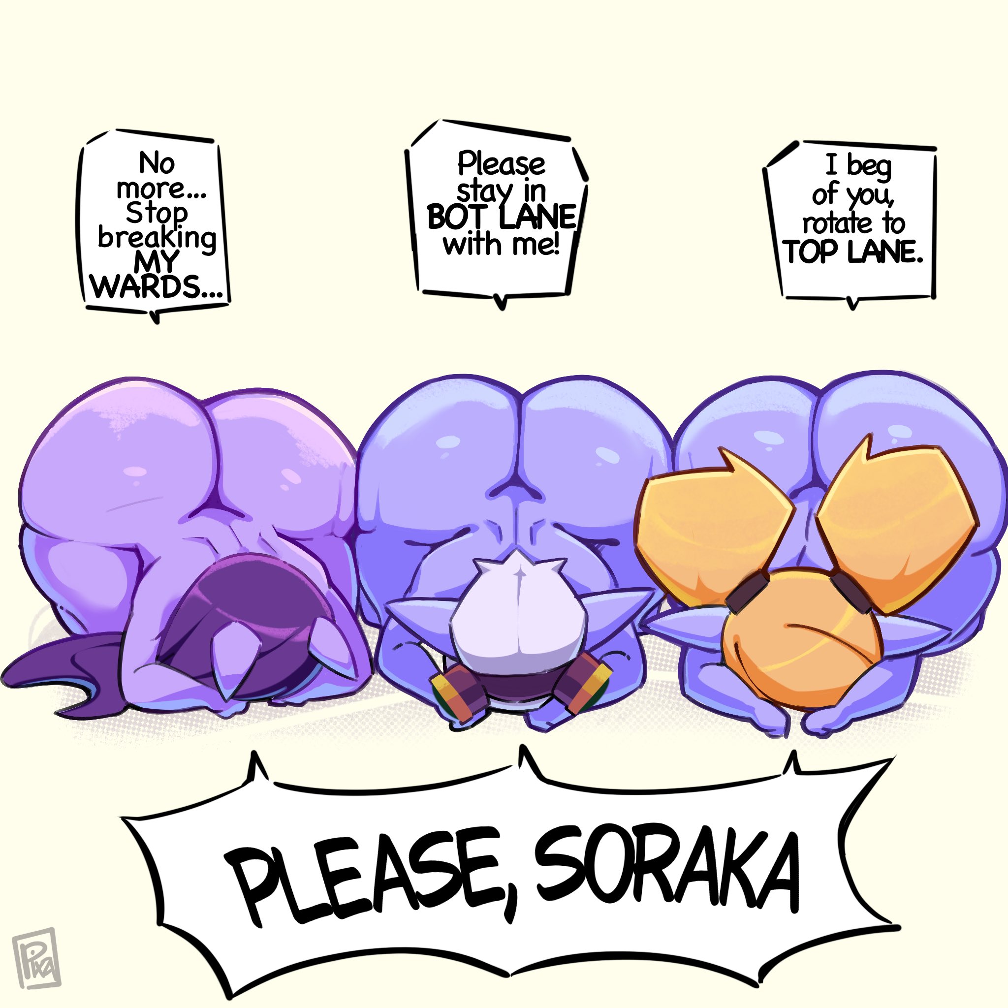 3girls, begging, dialogue, dogeza, english text, face down, facing viewer, female, huge ass, kneeling, kneeling on ground, league of legends, lulu the fae sorceress, multiple girls, naked, naked dogeza, nude, nudity, on floor, pixzapix, poppy, riot games, shortstack, talking to viewer, tristana, yordle