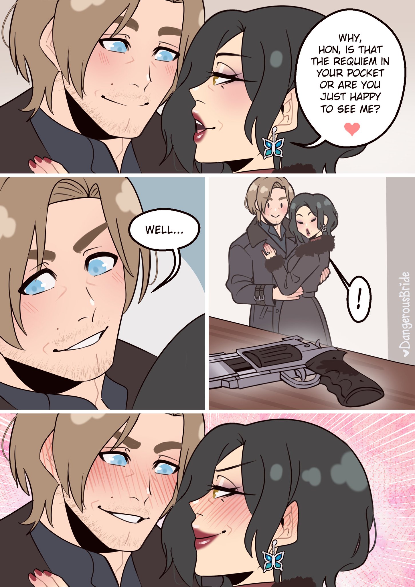 2d, ada wong, blue eyes, blush, blushing, brown eyes, dangerousbride, earing, eyeliner, female, firearm, fur collar, fur collar jacket, gun, hand on chest, hand on partner, handgun, humor, jacket, leon scott kennedy, red nail polish, red nails, requiem (gun), resident evil, resident evil 9: requiem, revolver, ring, smirk, smirking, weapon