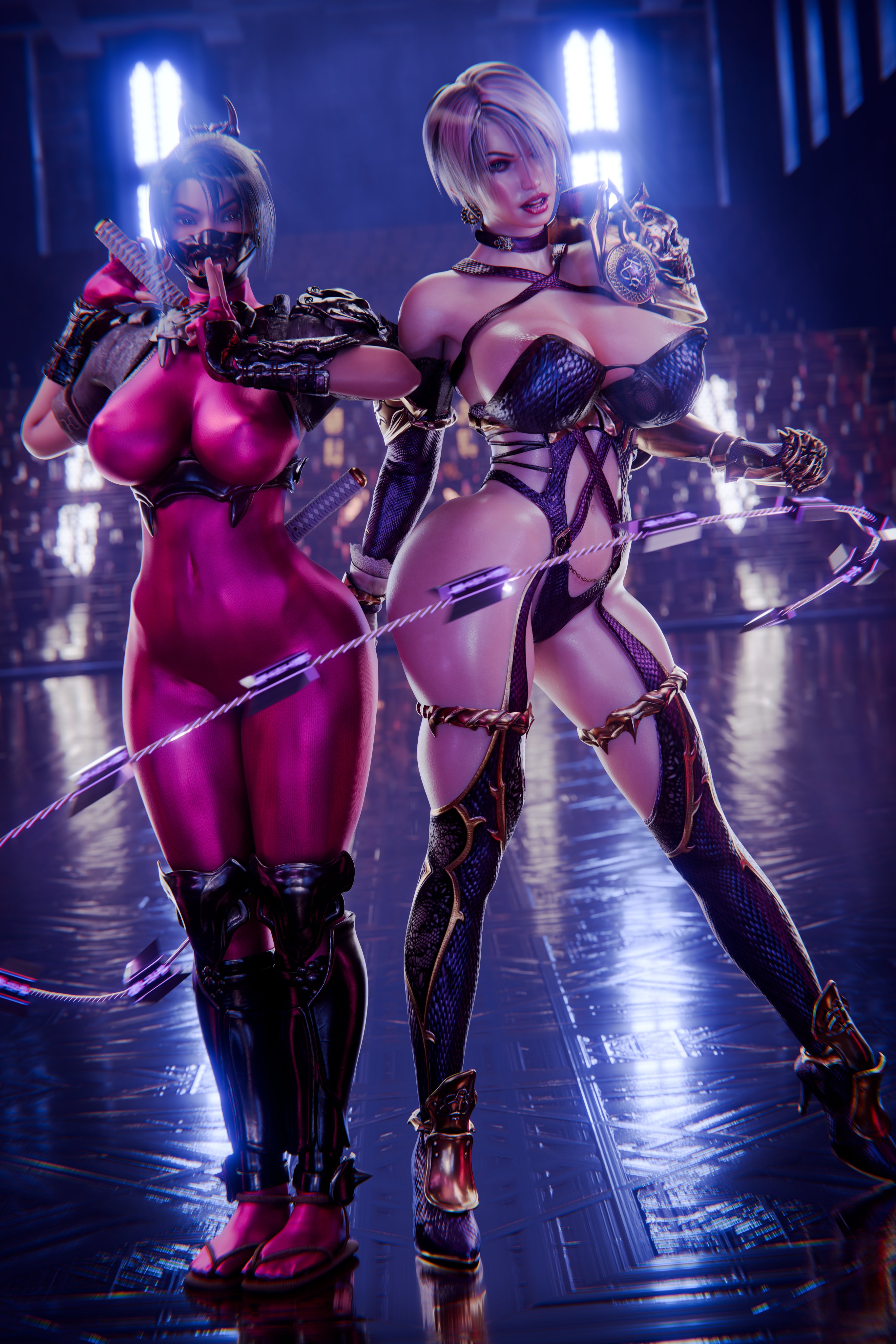 2girls, 3d, big breasts, breasts, brown hair, busty, female, female focus, female only, hourglass figure, isabella valentine, long hair, serpentorder, short hair, silver hair, skimpy, skimpy clothes, soul calibur, tagme, taki (soulcalibur), wide hips