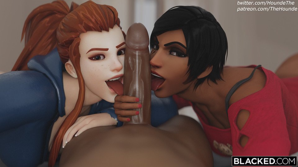 1boy, 2girls, 3d, big penis, blacked, brigitte, brown hair, dark skin, dark-skinned female, dark-skinned male, doomfist, fellatio, female, french nails, interracial, licking penis, looking at viewer, male, overwatch, patreon username, penis, pharah, ponytail, pov, red hair, red nails, source filmmaker, tattoo, thehounde, threesome, twitter username
