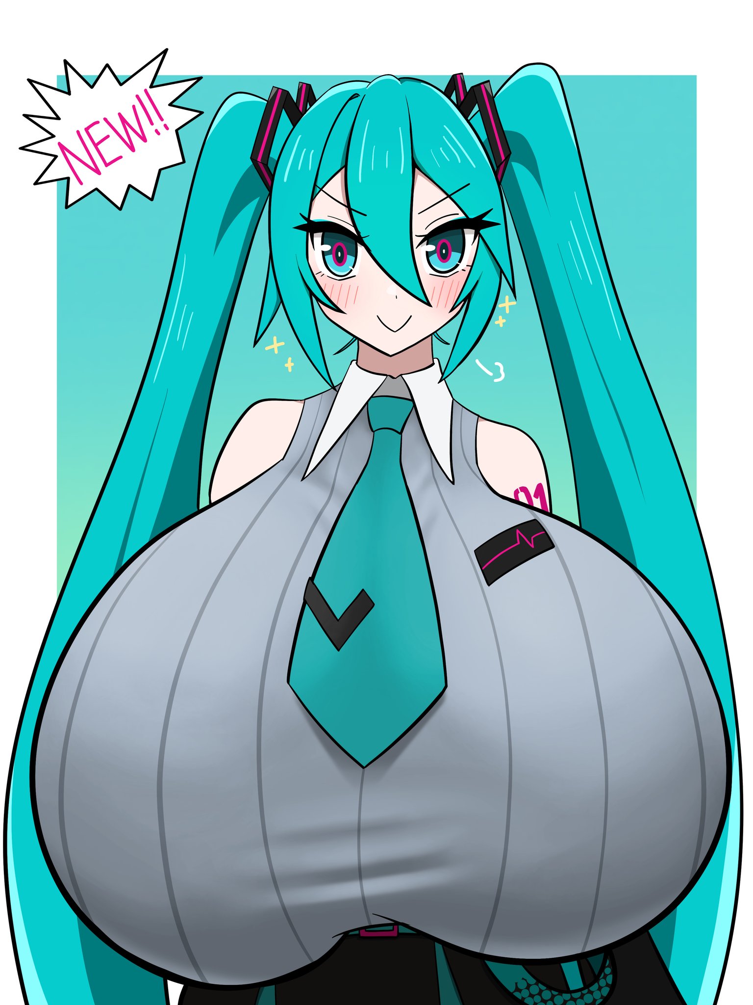 :), 1girl, alternate breast size, aqua eyes, aqua hair, aqua necktie, big breasts, black heart (disambiguation), blue eyes, blue hair, blush, blush lines, blushing, braided hair, breasts, breasts bigger than head, breasts bigger than torso, clothed, clothing, collar, collared shirt, detached sleeves, gigantic breasts, hair, hair accessories, hair accessory, hairclip, hatsune miku, hatsune miku (vocaloid6), heart, heart accessory, huge breasts, long hair, looking at viewer, necktie, number, number tattoo, open eyes, pink tattoo, shirt, sleeveless, sleeveless shirt, smile, smiley face, smiling, solo, speech bubble, stray oekaki, tattoo, tattoo on shoulder, tie, twintails, twintails (hairstyle), very long hair, vocaloid, vocaloid 6