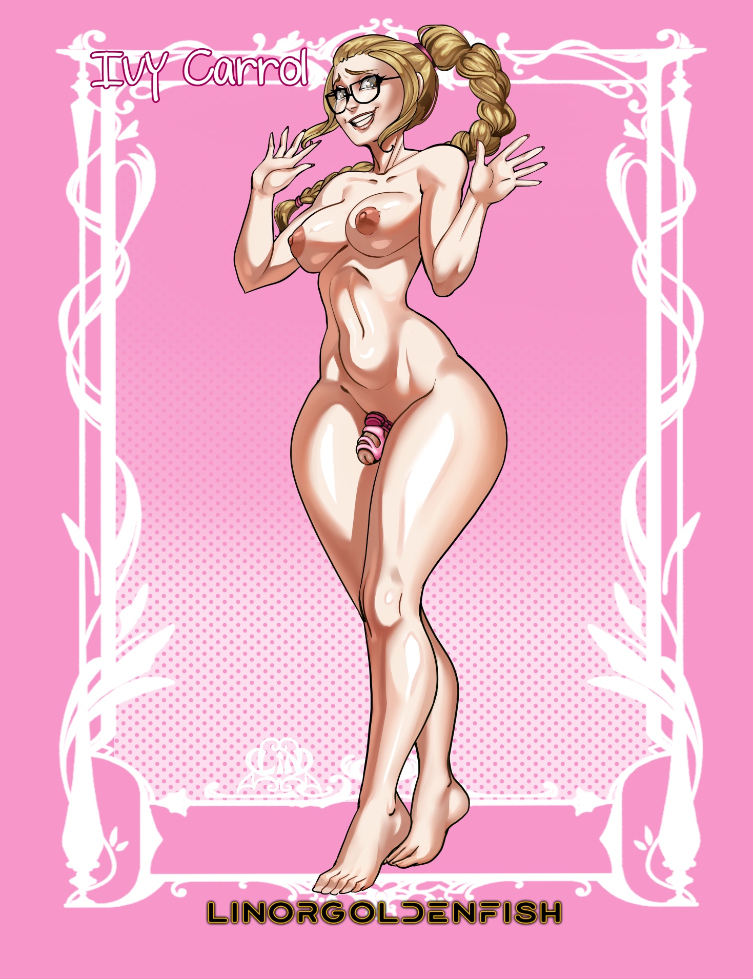 1futa, blonde hair, braided hair, breasts, breasts out, brown eyes, cage, caged, caged cock, chastity, chastity cage, chastity device, cock, cock cage, commission, commission art, commissioner upload, dick, futa, futa without pussy, futanari, glasses, ivy carrol (norwell college), linorgoldenfish, nipples, norwell college, nude, ooney101, penis, penis cage, pink chastity cage, solo, solo focus, solo futa, tagme