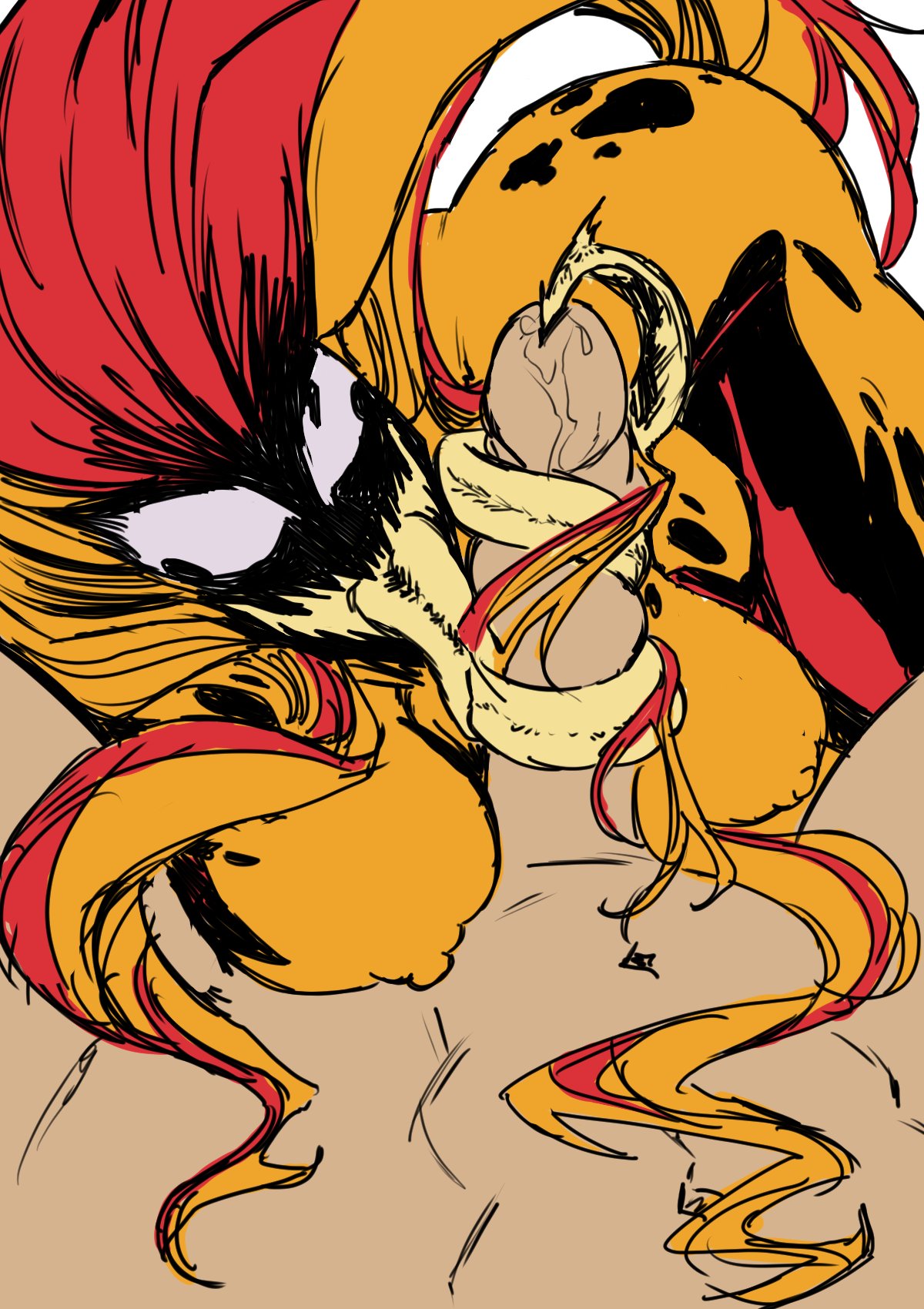 1boy, 1girls, big breasts, breasts, erection, female, karymaniac, long tongue, male, marvel, monster girl, nipples, oral, oral sex, penis, scream (spider-man), sounding, spider-man (series), symbiote, tongue, tongue around penis, tongue in urethra, tongue out, urethral insertion