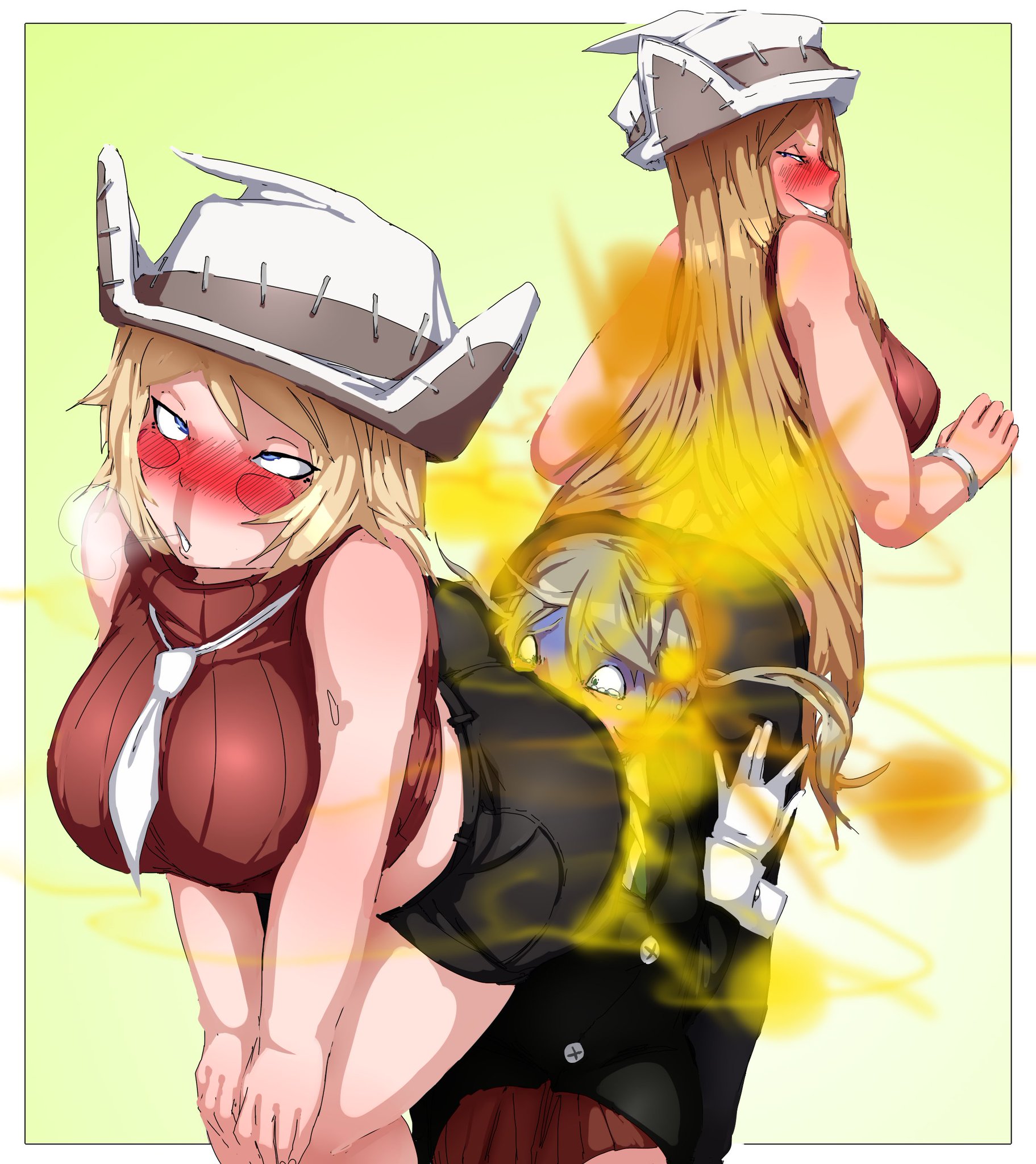 3girls, ass sandwich, big ass, big breasts, elizabeth thompson, fart, fart fetish, farting in face, lazei, maka albarn, patricia thompson, sisters, sisters (lore), soul eater, yuri
