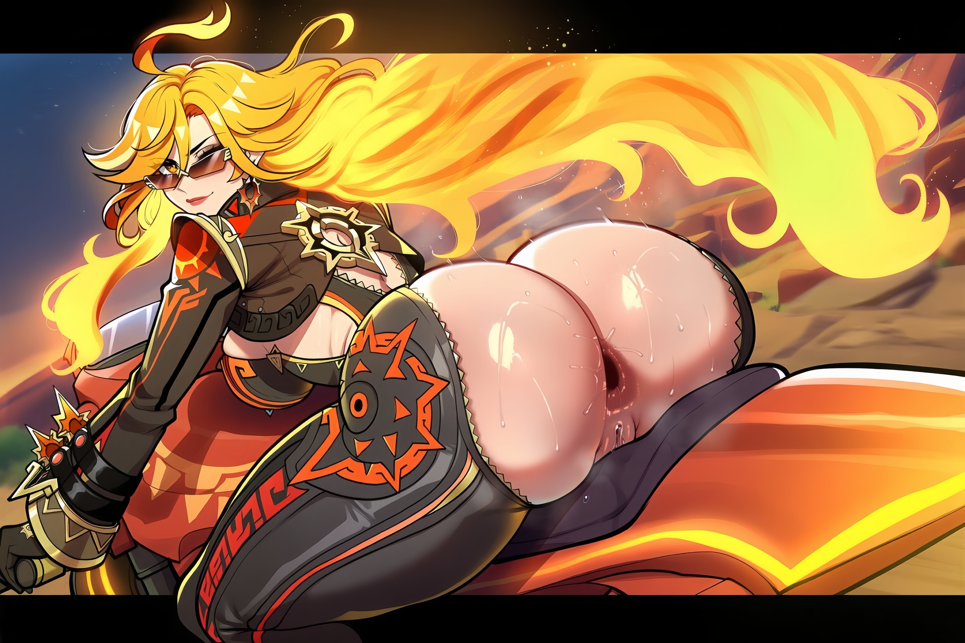 1girls, ai generated, anus, anus focus, ass, ass focus, asshole, asshole opened wide, big ass, big butt, bike, female, female focus, female only, from behind, functionally nude, gaped anus, genshin impact, himegens, hoyoverse, inviting, juicy anus, juicy butt, looking back, mavuika (genshin impact), mihoyo, no panties, one eye closed, pants open, presenting, presenting anus, presenting ass, pussy, pussy juice, sweat, sweatdrop, sweating, thick ass, thick thighs