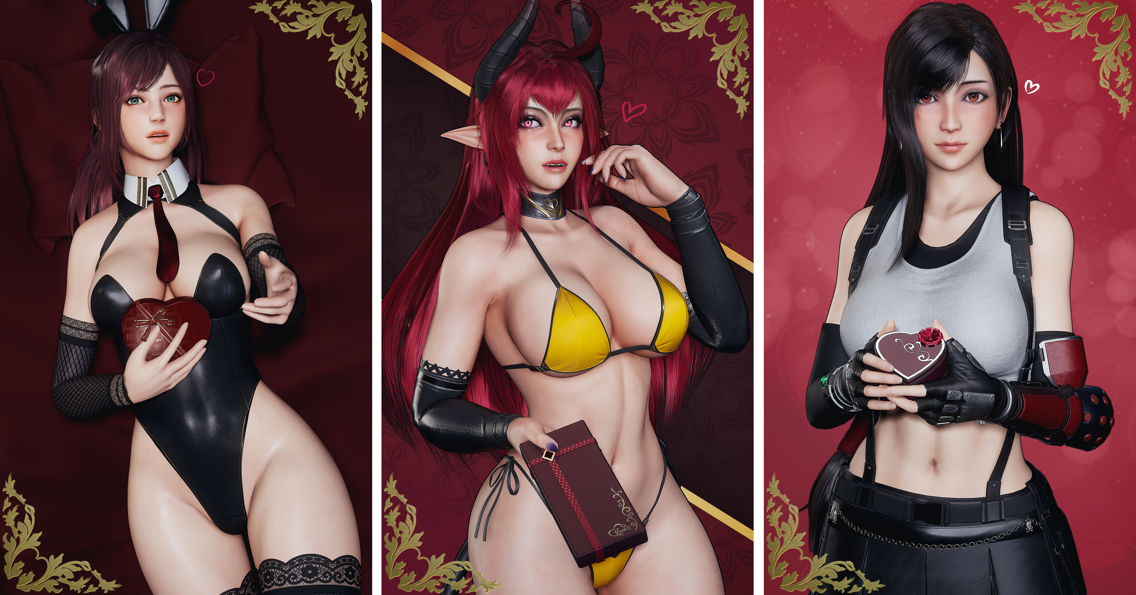 3d, 3girls, 4k, ass, black hair, chocolate, demon, demon girl, female, female only, final fantasy, final fantasy vii, glowing eyes, horns, large ass, legs, original, original character, pointy ears, primrose, red hair, ryanreos, sinia, succubus, succubus horns, thighs, tifa lockhart, valentines day