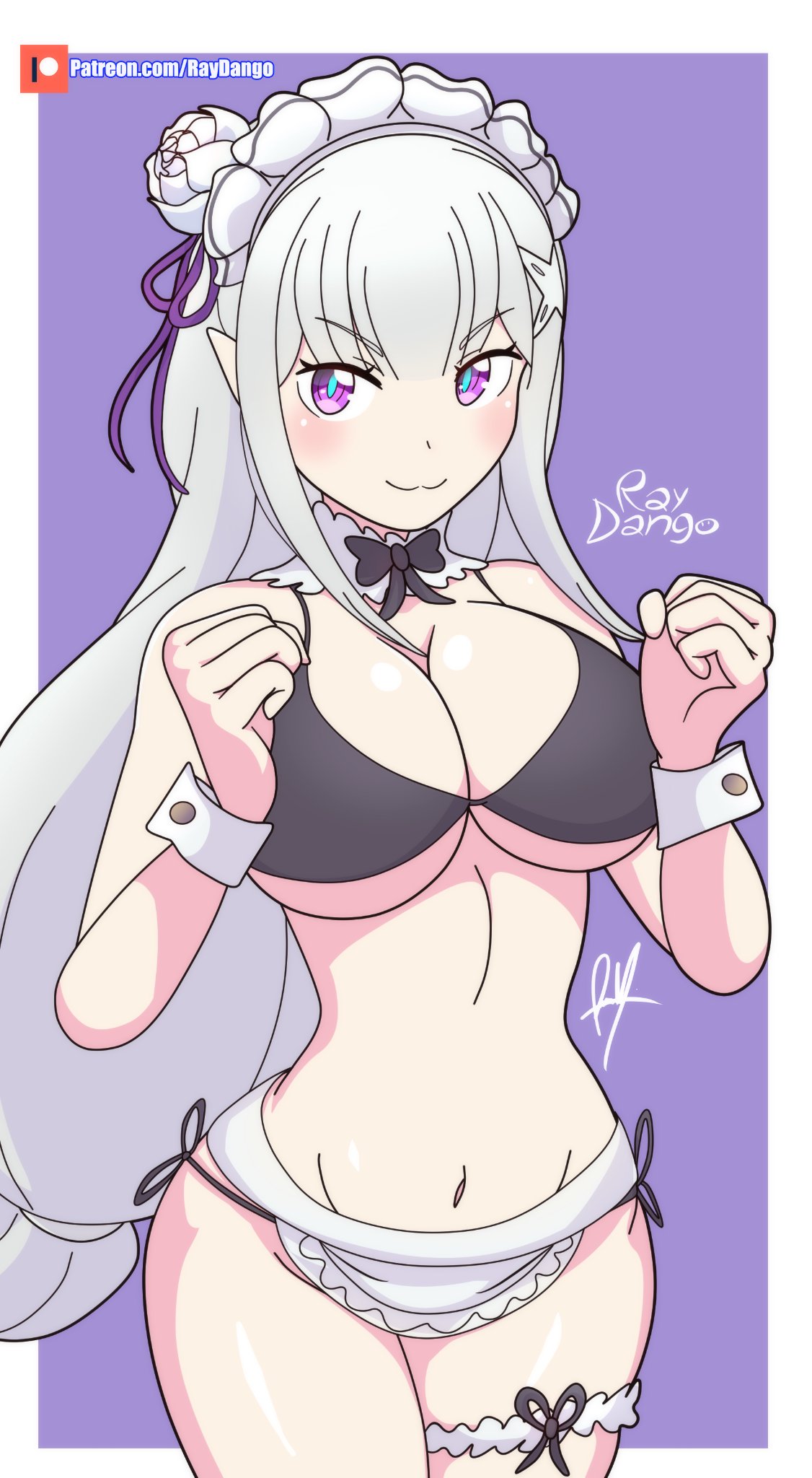 :3, bikini, blush, cute, emilia (re:zero), hands up, large breasts, maid bikini, raydango, re:zero kara hajimeru isekai seikatsu, smug, thick thighs, thigh strap, unconventional maid, v-shaped eyebrows, wide hips