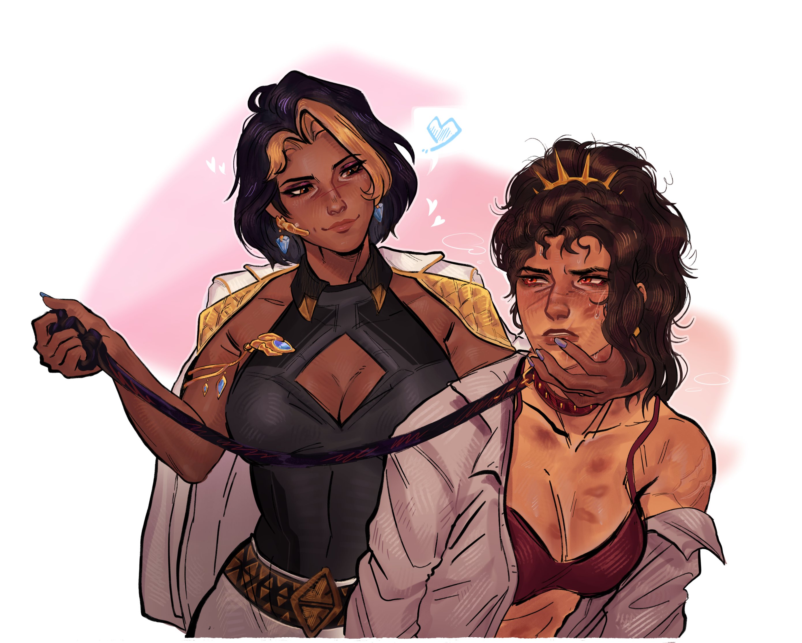 2d, 2girls, black hair, blush, bondage, breasts, brown hair, cleavage, clothed, collar, domina, female, femdom, femsub, indian, italian, jewelry, large breasts, leash, overwatch, red bra, red eyes, scar, solarsapphos, vendetta, vendetta bartalotti, yuri