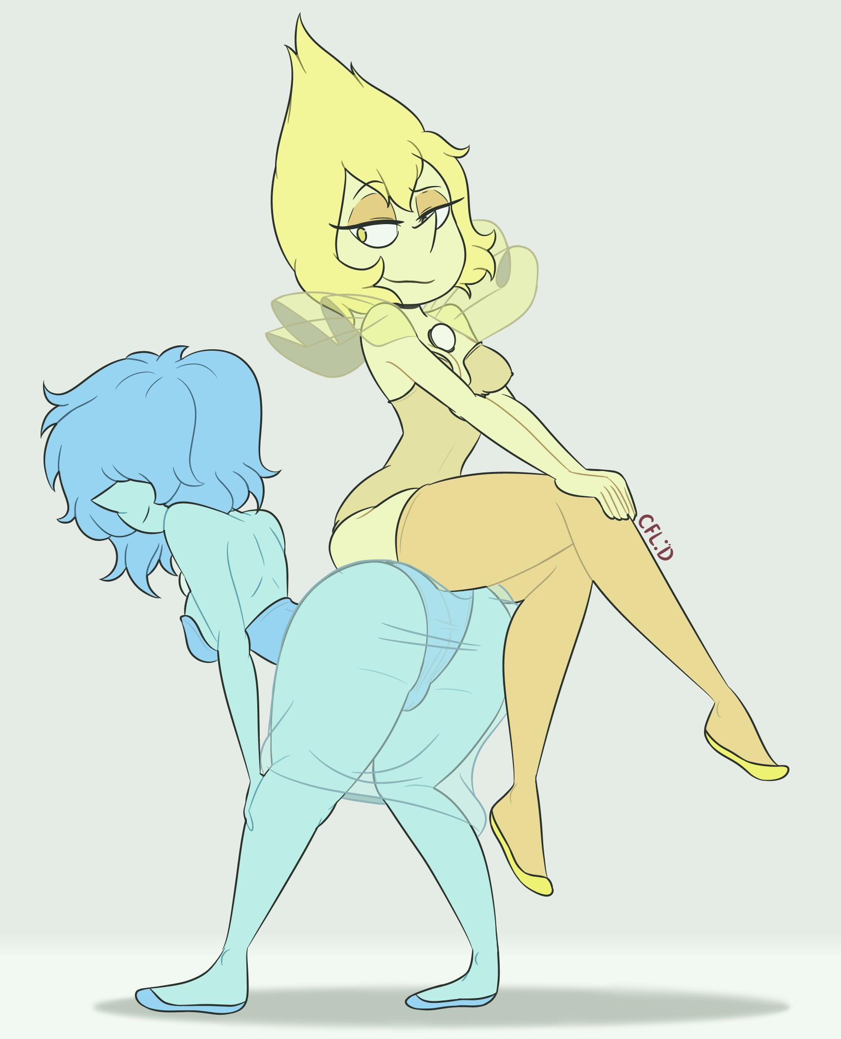 2girls, ass, bent over, blue hair, blue panties, blue pearl (steven universe), blue skin, cartoon network, clothed, clothing, covered eyes, duo, female, female only, from behind, gem (species), half-closed eyes, hands on knees, hands on legs, looking away, looking back, pearl (gem), presenting, simple background, sitting on person, smile, steven universe, stockings, thighhighs, yellow hair, yellow pearl (steven universe), yellow skin, yuri