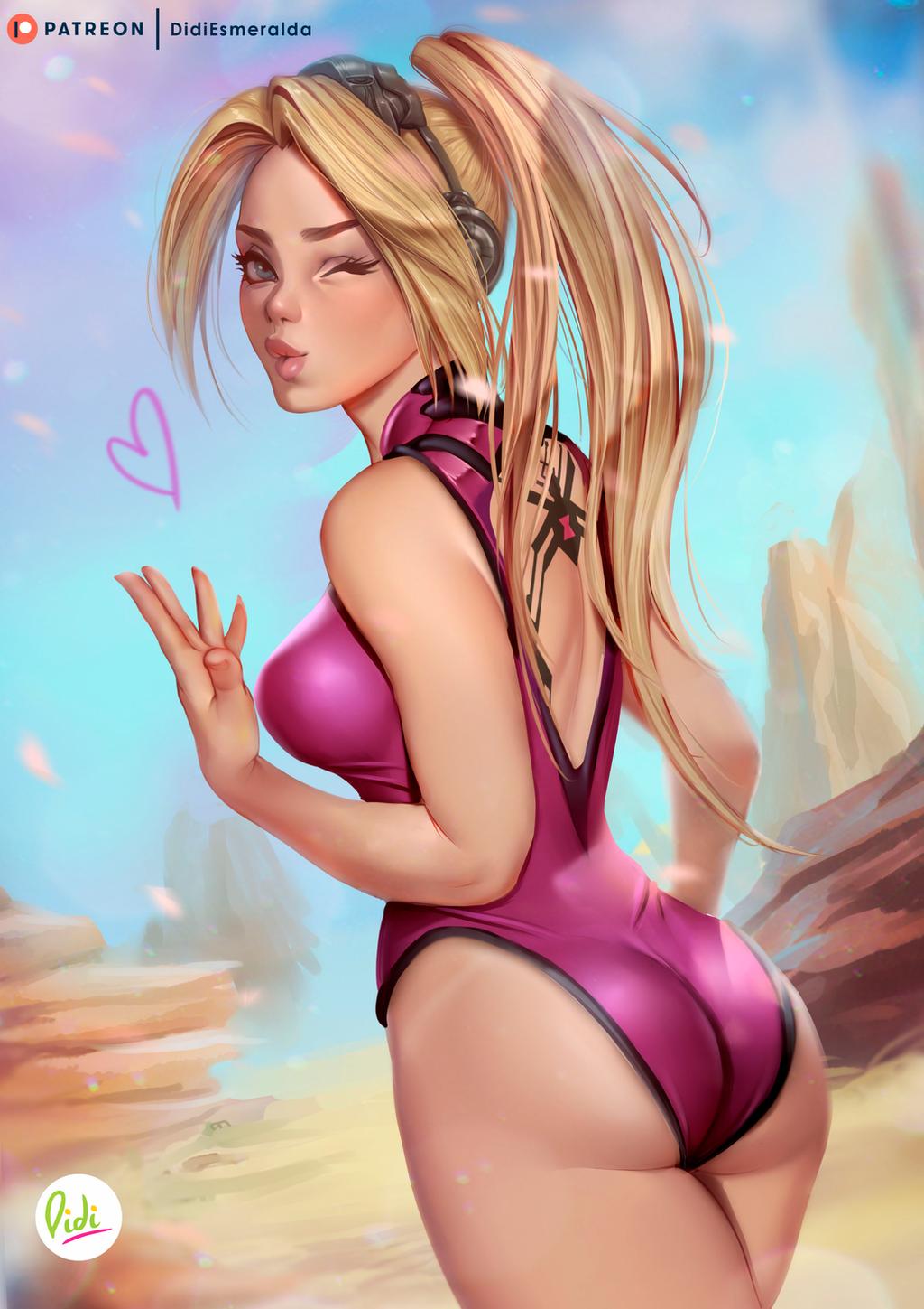 1girls, alternate costume, amelie lacroix, ass, ass focus, big ass, big breasts, blizzard entertainment, blonde hair, breasts, didi esmeralda, female, female only, light skin, light-skinned female, looking at viewer, looking back, nova (starcraft), nova widowmaker, overwatch, solo, starcraft, starcraft 2, widowmaker