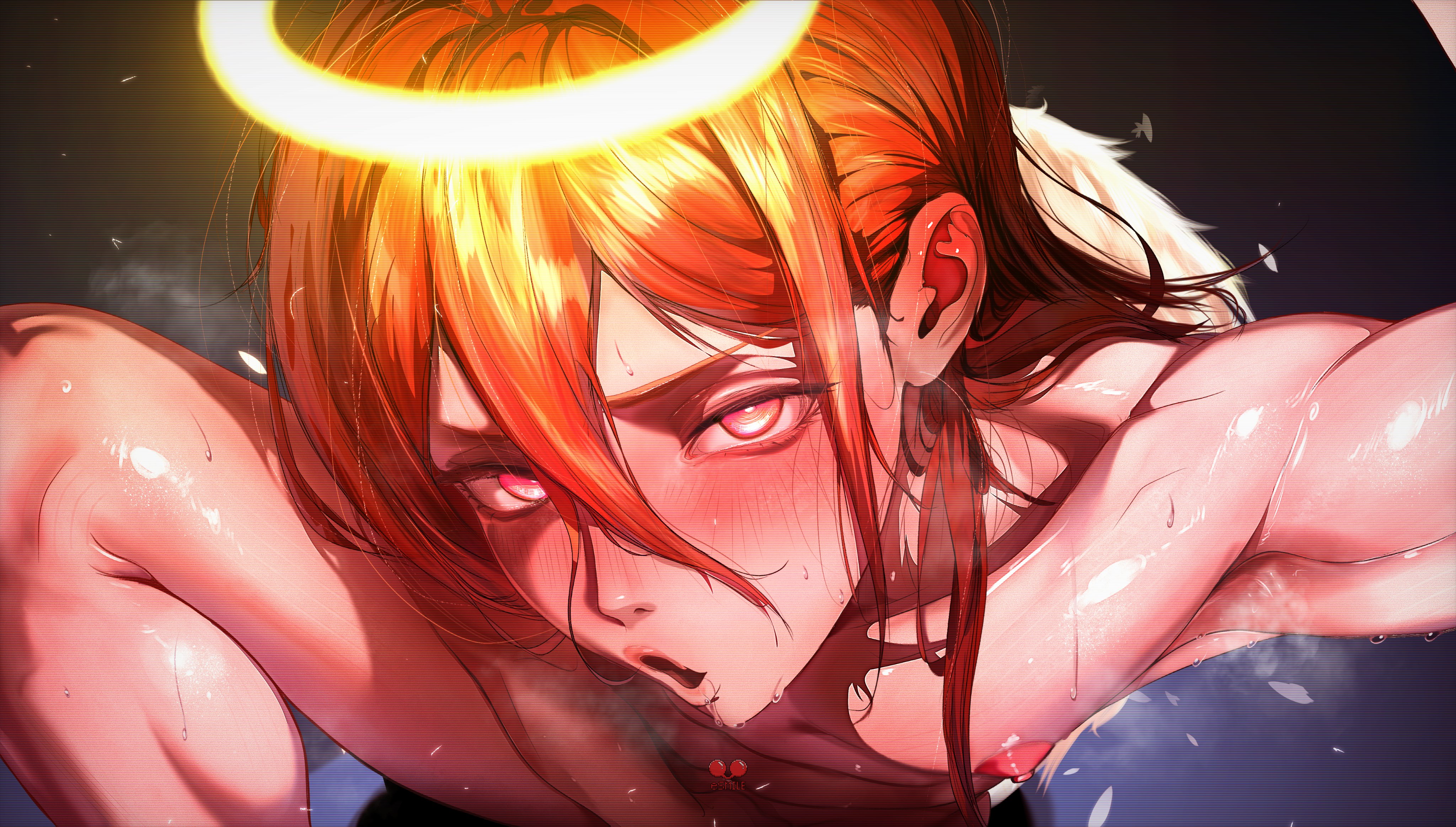 1boy, 1femboy, ahegao, angel, angel devil (chainsaw man), angel wings, armpit, artist logo, artist name, blush lines, blushing, blushing at viewer, blushing femboy, blushing male, chainsaw man, esmile, feathered wings, feathers, femboy, hair between eyes, halo, long hair, looking at viewer, nipples, nude, nude male, one leg bent, one leg up, orange hair, pink eyes, reaching for penis, red ears, scanlines, solo, solo femboy, solo focus, solo male, sweat, sweating, sweaty, sweaty body, v-shaped eyebrows