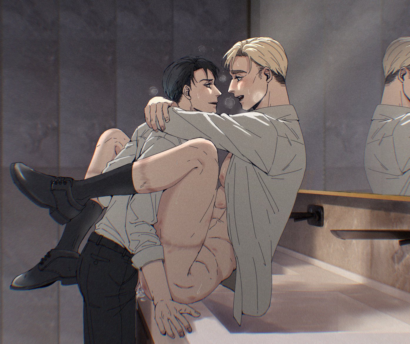 2boys, anal, anal penetration, anal sex, arms around neck, ass, attack on titan, black hair, blonde hair, bottomless, clothing, cum in ass, erect nipples, erwin smith, exposed nipples, eye contact, gay, legs around partner, levi, levi ackerman, looking at partner, male, male only, male penetrated, male penetrating, male penetrating male, male/male, mirror, nipples, open clothes, open shirt, pants removed, penis, penis in ass, pleasure face, public restroom, scars, seiuzashihao, shingeki no kyojin, shoes, sink, sitting, socks and shoes, standing, visible breath, yaoi