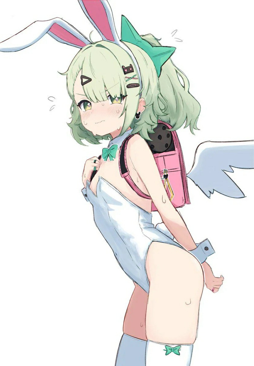 1girl, 1girls, angels of delusion, artist request, backpack, bunny ears, bunnysuit, female, female focus, female only, green hair, highres, leotard, light skin, light-skinned female, long hair, nervous, playboy bunny, randoseru, shy, side ponytail, simple background, skindentation, small breasts, sunna (zenless zone zero), sweat, swimsuit, thighhighs, white background, zenless zone zero