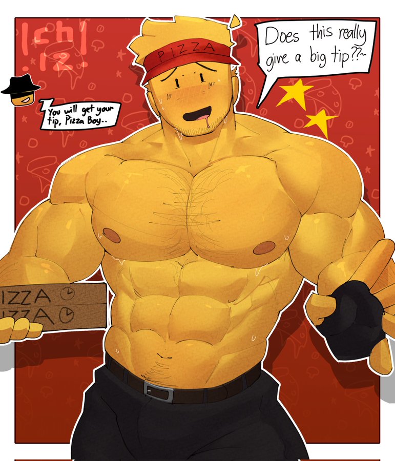 2boys, abs, bara, bara tiddies, bara tits, blushing, dialogue, drooling, elliot (forsaken), elliot (work at a pizza place), flirting, forsaken (roblox), gay, gay male, gloves, mafioso (forsaken), muscular male, nipples, pectorals, pizza, rebelliousmilk, roblox, roblox game, robloxian, star, sweat, topless, visor cap, work at a pizza place, yellow skin