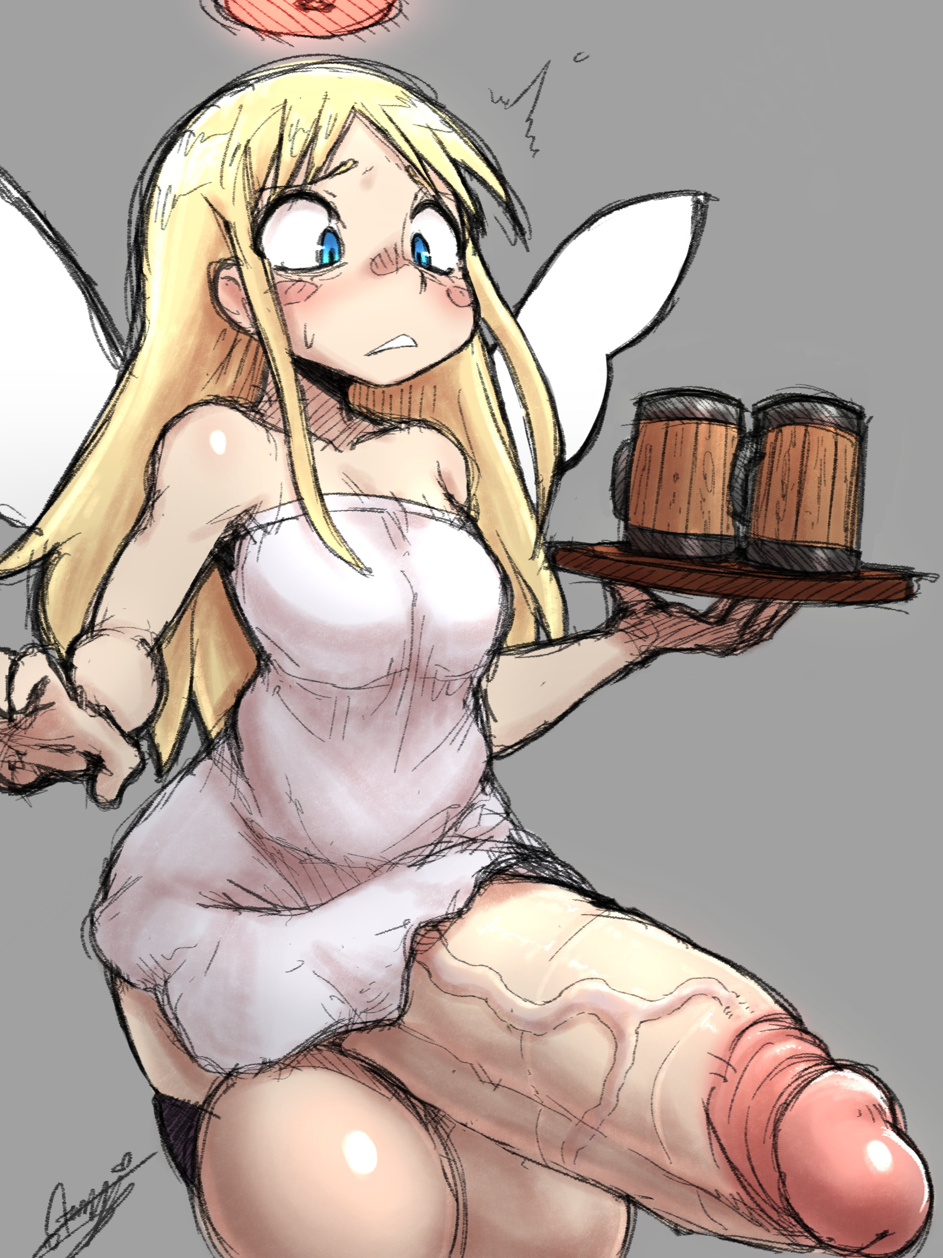 1futa, balls, beer mug, blush, breasts, crimvael, dickgirl, erection, flat chest, futa only, futanari, huge balls, huge cock, huge testicles, hyper penis, intersex, ishuzoku reviewers, penis, penis under clothes, penis under dress, simple background, solo, solo futa, starykrow, testicles, veiny penis