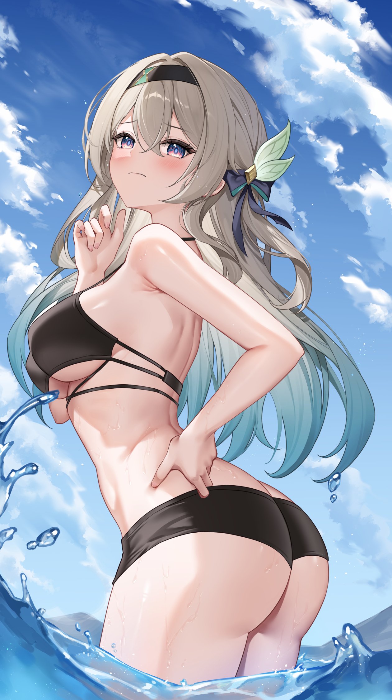 1girls, ass, ass focus, big breasts, black swimsuit, breasts, exposed breasts, female, firefly (honkai: star rail), honkai (series), honkai: star rail, hoyoverse, long hair, lunacle, mihoyo, multicolored eyes, multicolored hair, sideboob, swimsuit, underboob, water