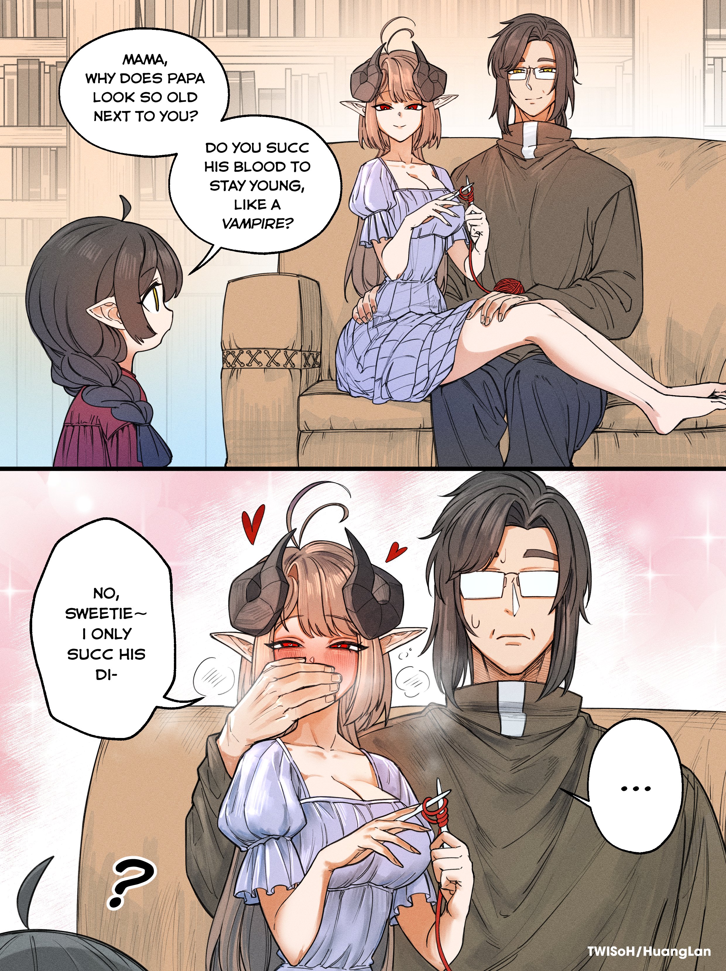 2d, 2d (artwork), bare legs, barefoot, blush, blushing, cleavage, cleavage cutout, couple, covering mouth, elf ears, funny, glasses, heart symbol, holding hips, horns, long ears, long legs, milf, mommy, oc, pointy ears, red eyes, senukin, senukin (artist), sitting on person, skirt, succubus, succubus horns, tagme