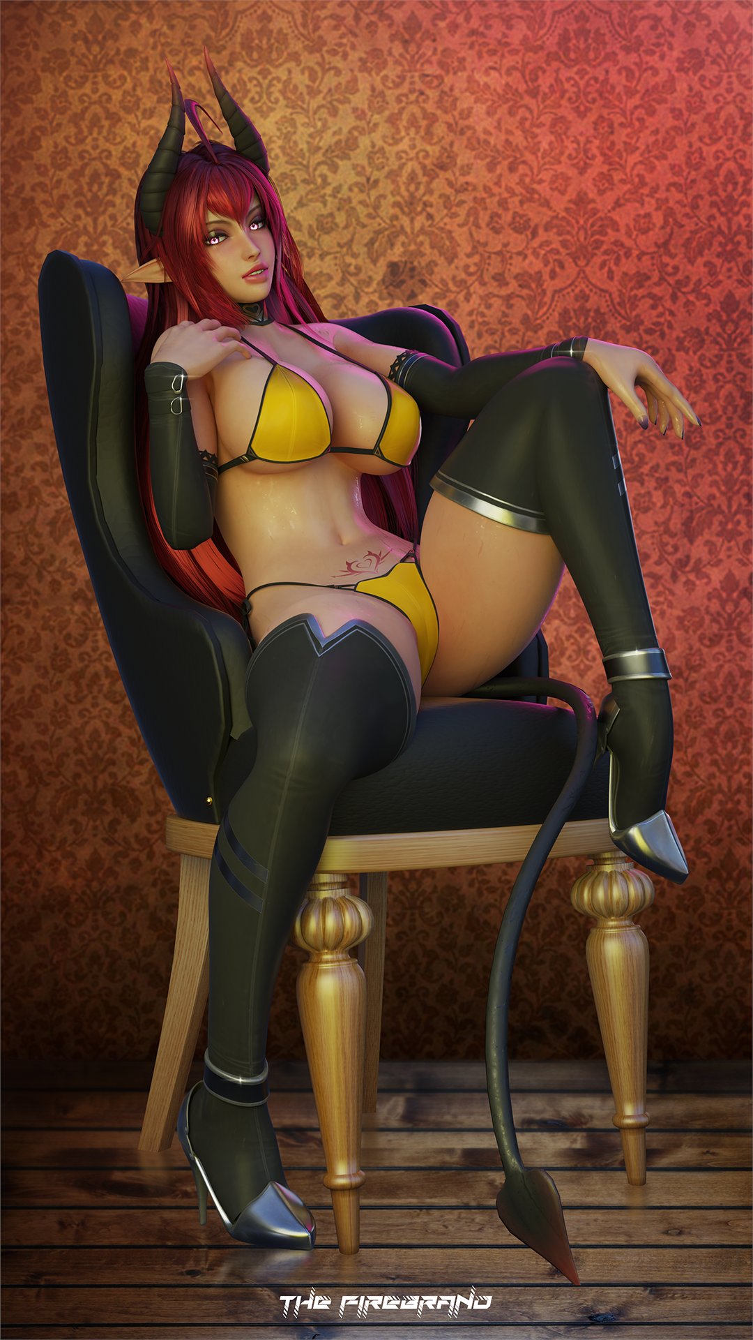 1girls, 3d, artist name, bikini, breasts, cameltoe, chair, choker, demon, demon girl, demon tail, female, glowing eyes, horns, knee up, large breasts, legs apart, long hair, original character, pointy ears, pubic tattoo, pussy, red hair, seductive, side-tie bikini, side-tie panties, sinia, sitting, sitting on chair, succubus, succubus horns, succubus tail, succubus tattoo, tail, the firebrand, thigh boots, thighs