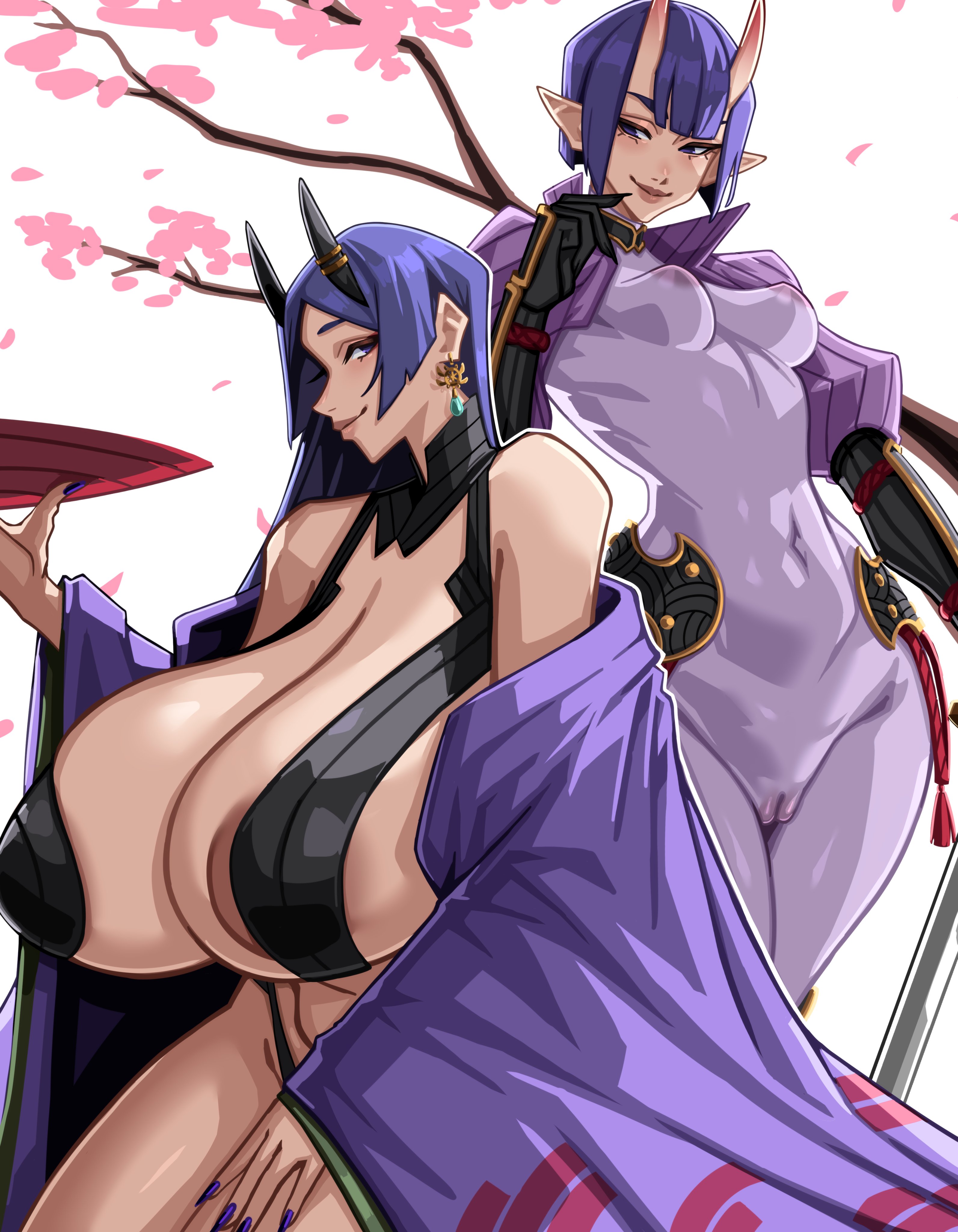 2girls, absurd res, alecto 0, areola slip, areolae, big breasts, bodysuit, breast size difference, breasts, cameltoe, cleavage, clothes swap, clothing, cosplay, ear piercing, earrings, fate (series), fate/grand order, female, female only, hair, hips, holding object, huge breasts, large breasts, long hair, mature, mature female, mature woman, milf, minamoto no raikou (fate/grand order), minamoto no raikou (fate/grand order) (cosplay), nail polish, nails, outfit swap, pointy ears, purple bodysuit, purple eyes, purple hair, purple nail polish, purple nails, purple robe, revealing clothes, robe, short hair, shuten douji (fate), shuten douji (fate) (cosplay), skimpy, skimpy clothes, small breasts, smile, thighs