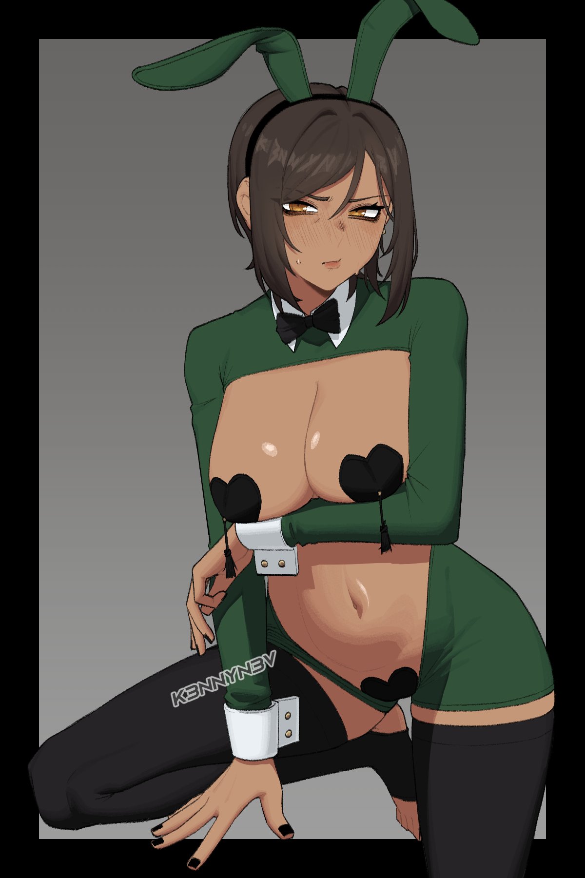 , 1girls, big breasts, blush, brown eyes, brown hair, bunny ears, k3nnyn3v, limbus company, looking at viewer, outis (limbus company), partially clothed, pasties, presenting, project moon, reverse bunnysuit, short hair, socks, solo, sweat, thick thighs, tie