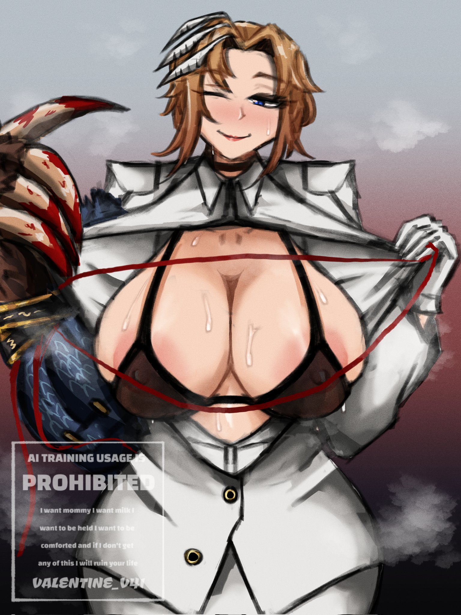 1girl, 1girls, 2d, 2d (artwork), 2d artwork, blood stain, bloody claw, bodily fluids, bra, exposed breasts, fauvism, limbus company, musk clouds, project moon, rodion (limbus company), rodion (project moon), solo, solo focus, sweat, sweatdrop, sweating, sweaty, wink, winking, winking at viewer