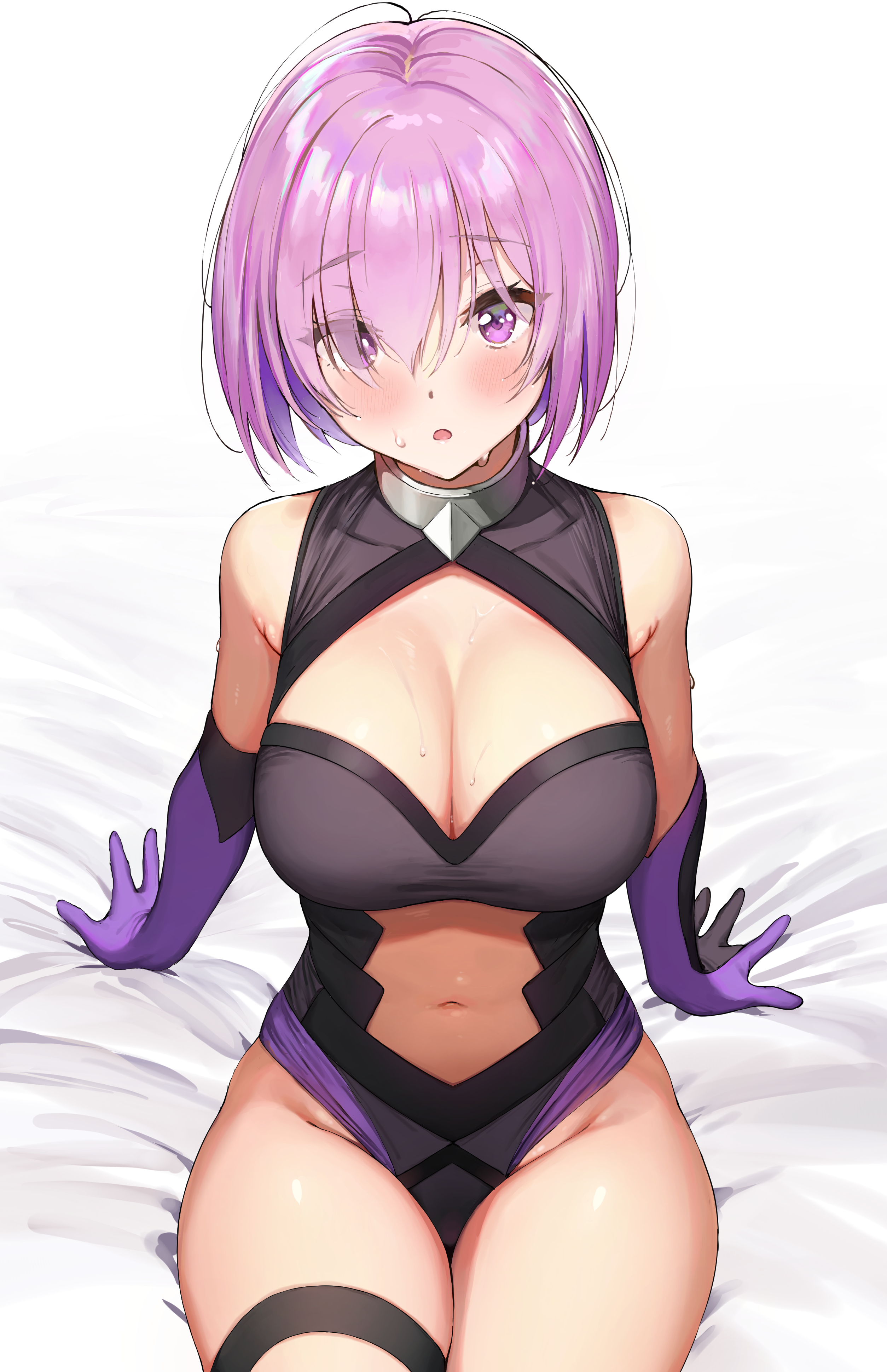 ame (uten cancel), big breasts, blush, breasts, cleavage, elbow gloves, eyebrows visible through hair, eyes visible through hair, fate (series), female, gloves, leotard, mash kyrielight, pink hair, purple eyes, sweat