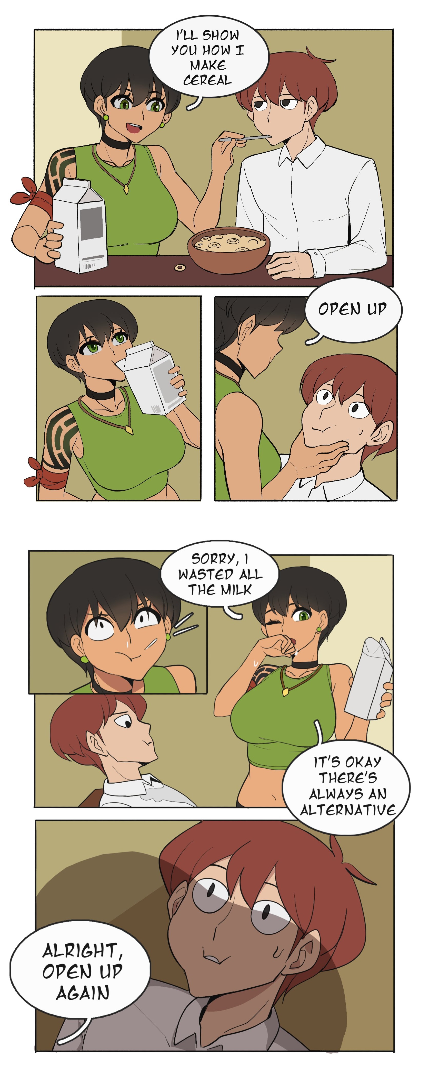 1boy1girl, 2d, belly button, brown hair, choker, couple, drinking milk, green eyes, hourglass figure, hourglass figured female, hyyun, hyyun ho, jisoo (hyyun), large breasts, meme, milk, milk bottle, multiple images, necklace, oc, shadow, short hair, slim waist, tagme, tanktop, tanned, tanned female, tanned skin, tattoo, teasing, teasing viewer, text box, text bubble, thick hips, tomboy, tomboyish, top, wide hips
