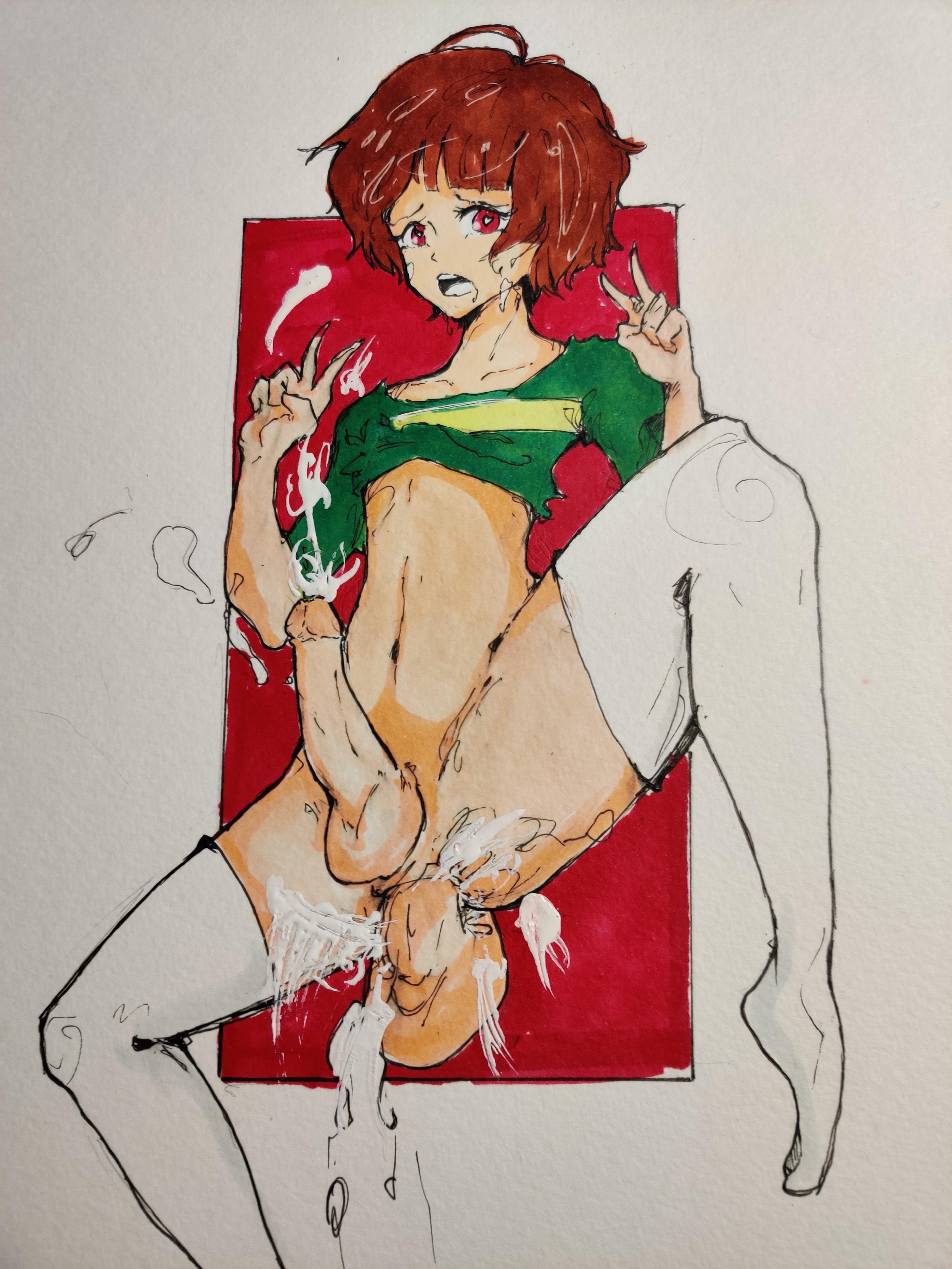 2boys, ahe gao, anal, anal penetration, anal sex, ass, brown hair, chara, cum, cum in ass, cum inside, cum on face, cum while penetrated, cumming, disembodied penis, double v, femboy, femboy chara, gay, handdrawn, heart-shaped pupils, human, human only, light skin, light-skinned male, male, male only, male/male, partially clothed, penis, red eyes, thigh highs, thighhighs, traditional media (artwork), trap, undertale, undertale (series), v sign, yaoi