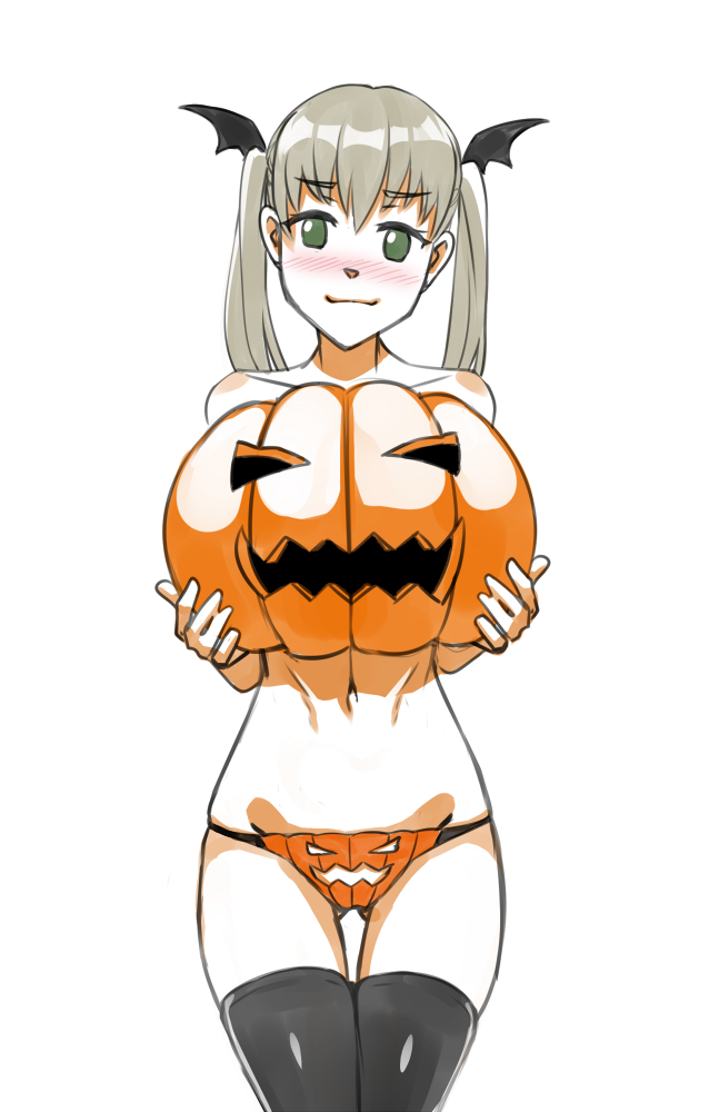 1girls, blonde hair, blush, closed mouth, female, green eyes, hair ornament, halloween, halloween costume, jack-o'-lantern, long hair, looking at viewer, maka albarn, navel, panties, pubic cutout, pumpkin, simple background, smile, solo, soul eater, stockings, thighhighs, third-party source, topless, twintails, twrlare, underwear, white background
