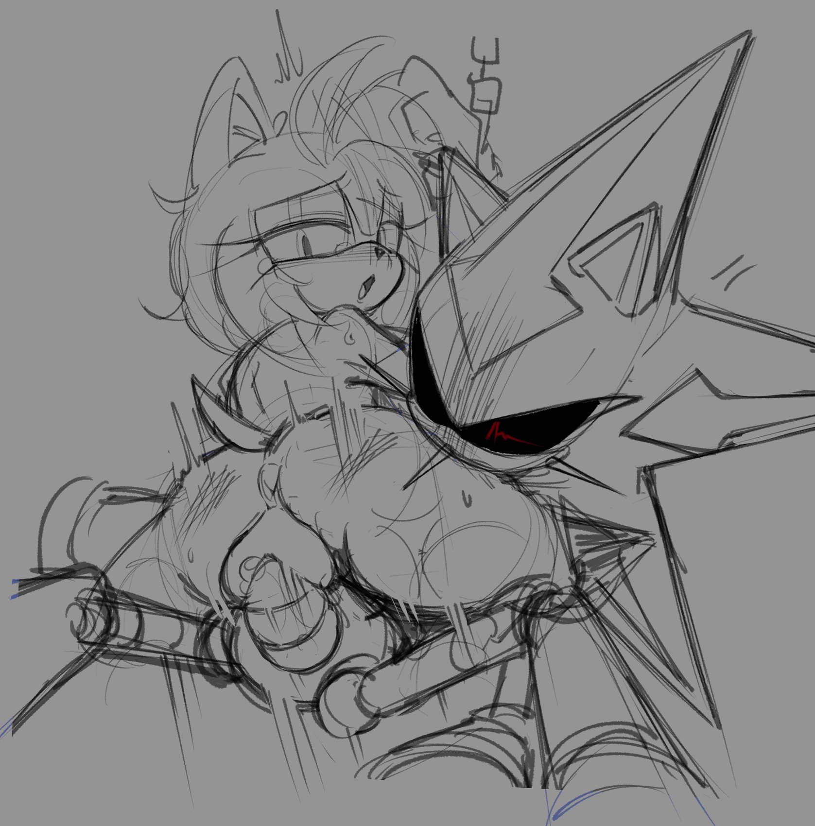 amy rose, anus peek, bommy 049, bouncing ass, chains, fat pussy, grey background, greyscale, jiggling ass, lidded eyes, line art, looking back, mechanical penis, messy hair, metal sonic, monochrome, neo metal sonic, pussy, pussy lips, robot, robot anthro, robot boy, robot joints, robot penis, sketch, sonic (series), sonic heroes, sonic the hedgehog (series), sweat, tagme, tail, thick thighs, vaginal penetration