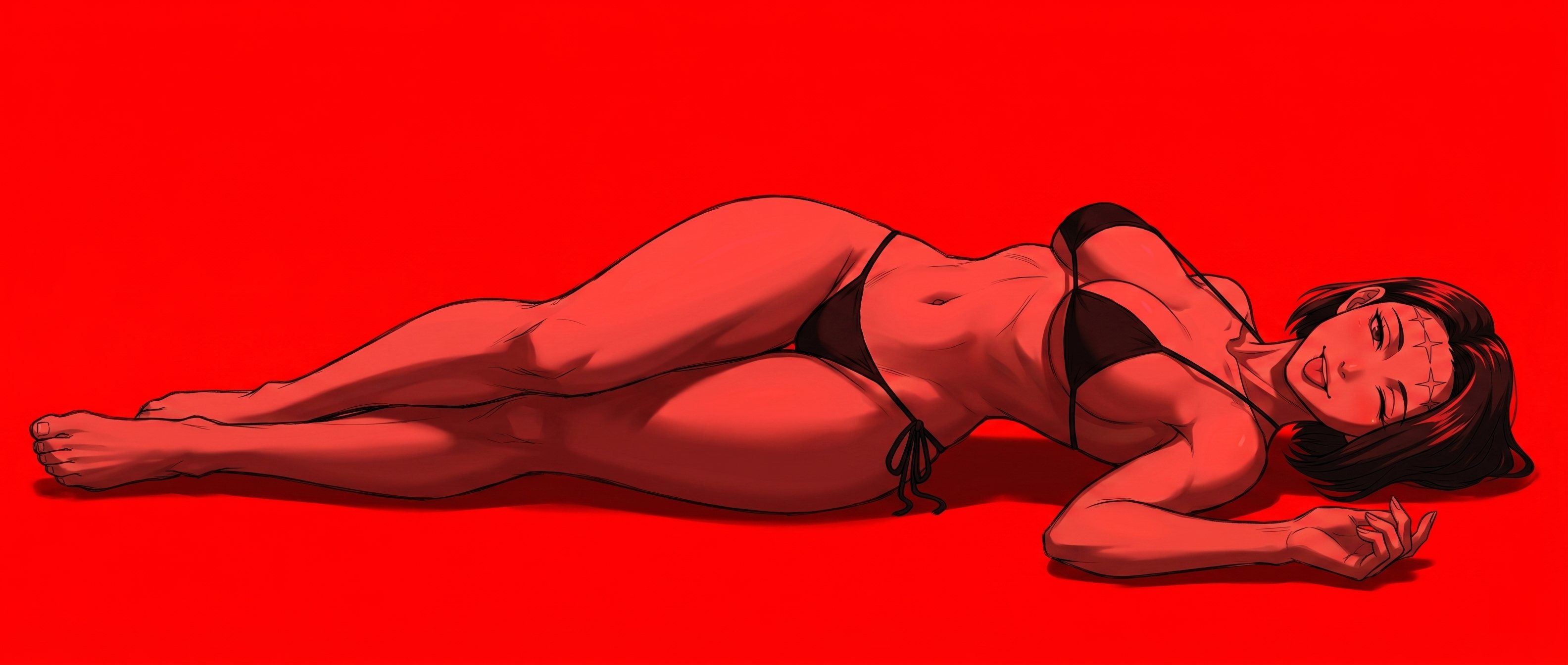 1girls, 2d, 2d (artwork), absurd res, bikini, bikini top, curvy body, curvy figure, curvy hips, dewspire, feet, feet together, female, female focus, hi res, high resolution, hourglass figured female, itadori kaori, jujutsu kaisen, kenjaku, looking at viewer, looking pleasured, lying, pleasure face, scar, suggestive gesture, suggestive look, suggestive pose, suggestive smile, toned belly, tongue, tongue out, wide hips