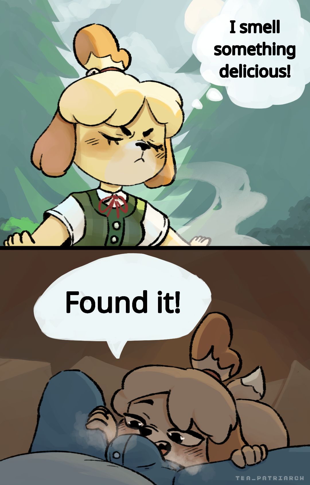 animal crossing, anthro, blush, canid, canine, canis, clothed, clothing, crotch sniffing, digital media (artwork), domestic dog, duo, erection, female, fur, hair, hi res, human, isabelle (animal crossing), male, male/female, mammal, musk, nintendo, open mouth, smile, sniffing, tea patriarch, yellow body, yellow fur