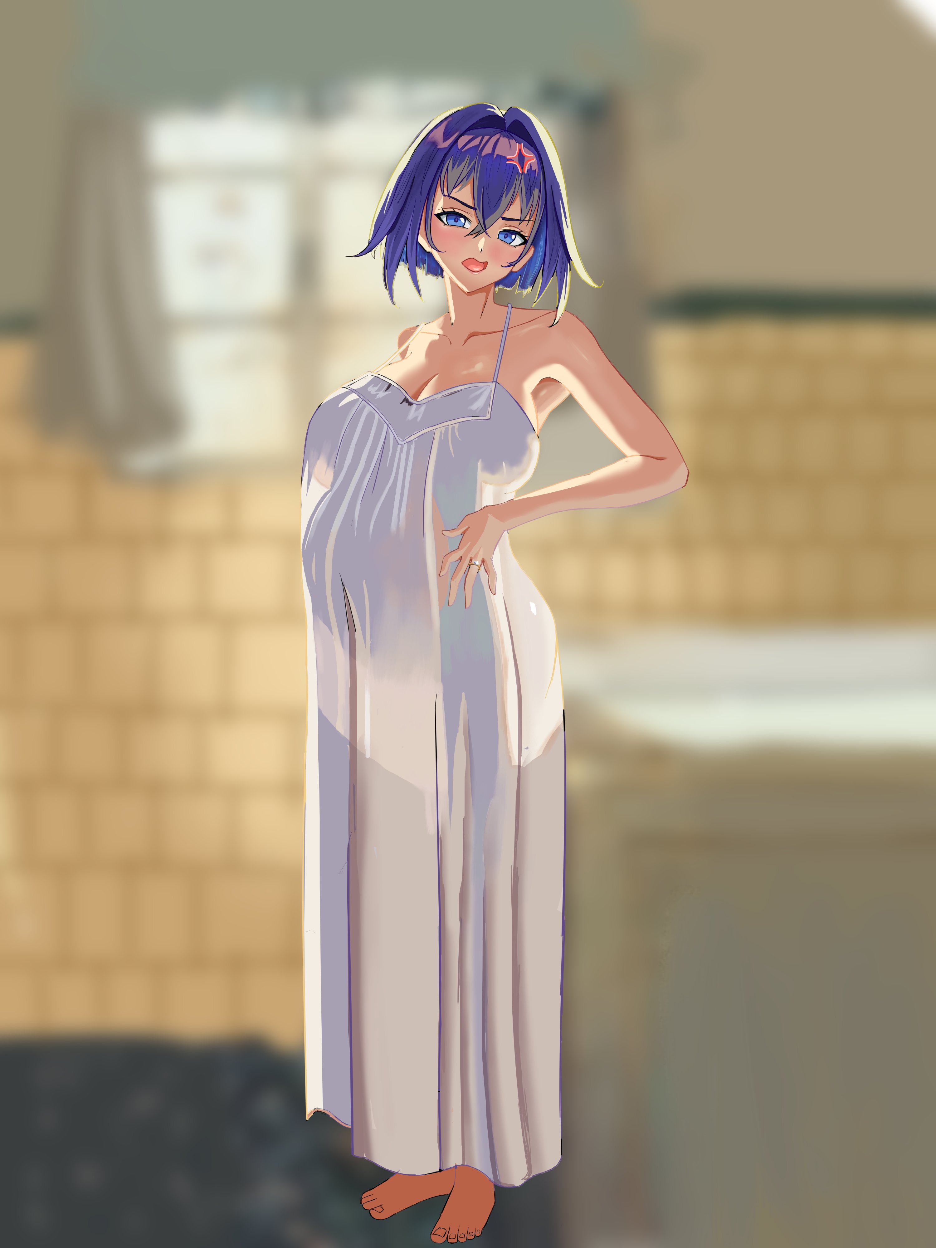 1girls, anger vein, armpits, big breasts, blue eyes, blue hair, blurry background, dress, feet, fine art parody, hololive, hololive english, hololive english -council-, large breasts, light-skinned female, maternity clothes, maternity dress, nightgown, ouro kronii, penith, penith arts, pregnant, pregnant belly, solo female, tagme, virtual youtuber, wedding ring