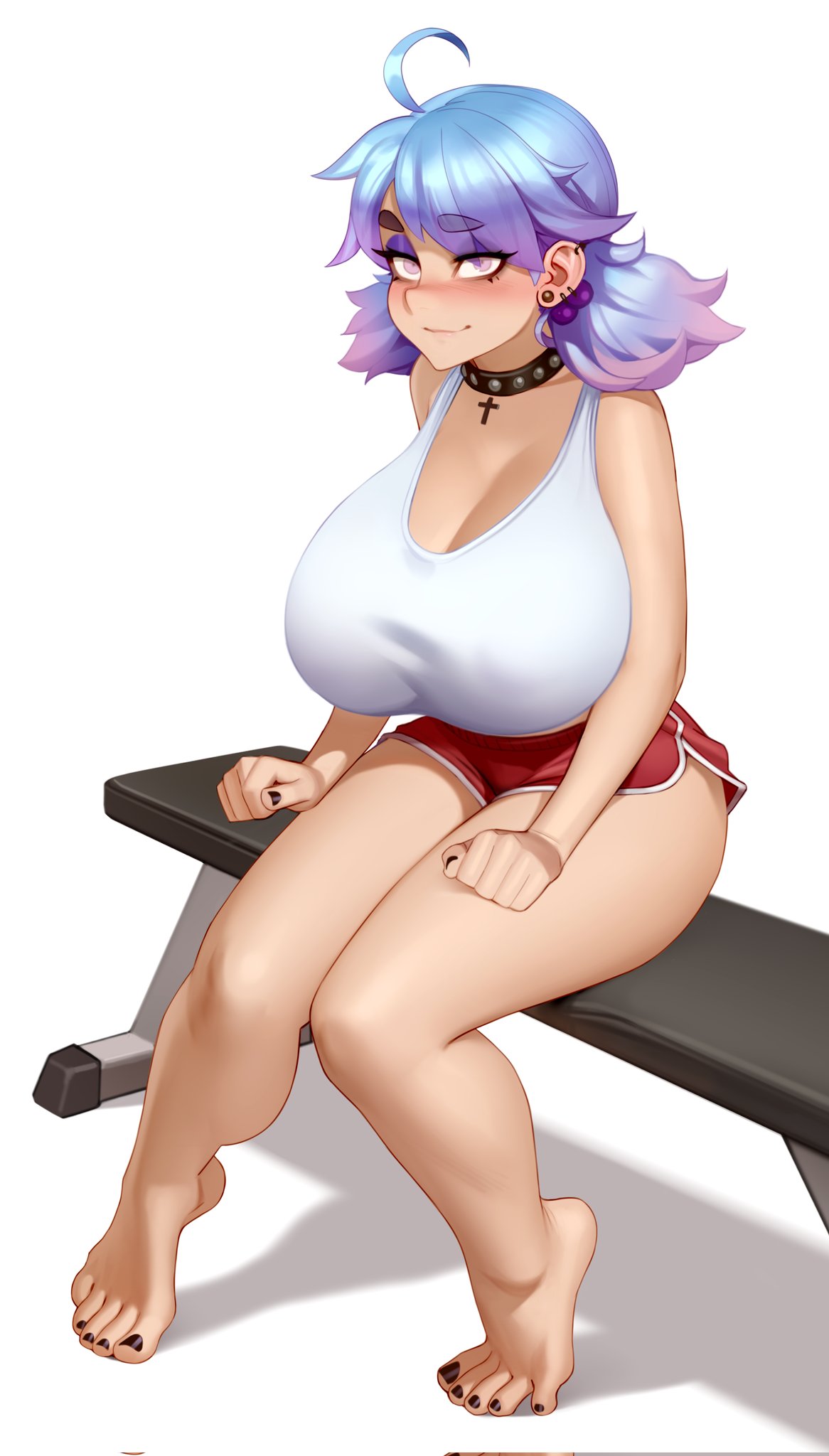 1boy, 1girls, barefoot, big breasts, black nails, blush, blushing, breast grab, breasts, breasts bigger than head, choker, cleavage, feet, female, fran (sait0moriyama), full body, huge breasts, kairuhentai, kairunoburogu, large breasts, looking at viewer, nail polish, off shoulder, original, piercing, purple hair, short shorts, shorts, sitting, skindentation, smiling, tank top, thick thighs